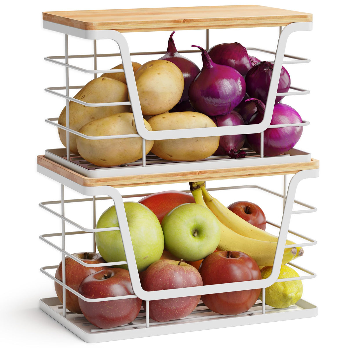 ALOCEO 2 Pack Potato and Onion Storage Bins, Large Trash Bag Holder Under Sink with Bamboo Top, Stainless Steel Pantry Organizer