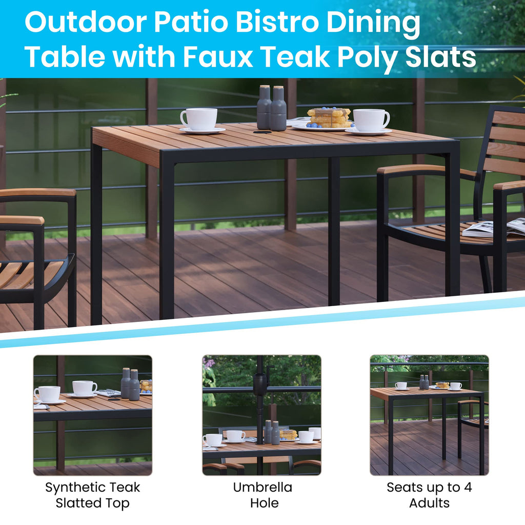 Flash Furniture 5 Piece Outdoor Patio Dining Table Set - 2 Synthetic Teak Stackable Chairs with Arms - 35" Square Table - Tan Umbrella with Base