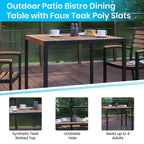 Flash Furniture 5 Piece Outdoor Patio Dining Table Set - 2 Synthetic Teak Stackable Chairs with Arms - 35" Square Table - Tan Umbrella with Base