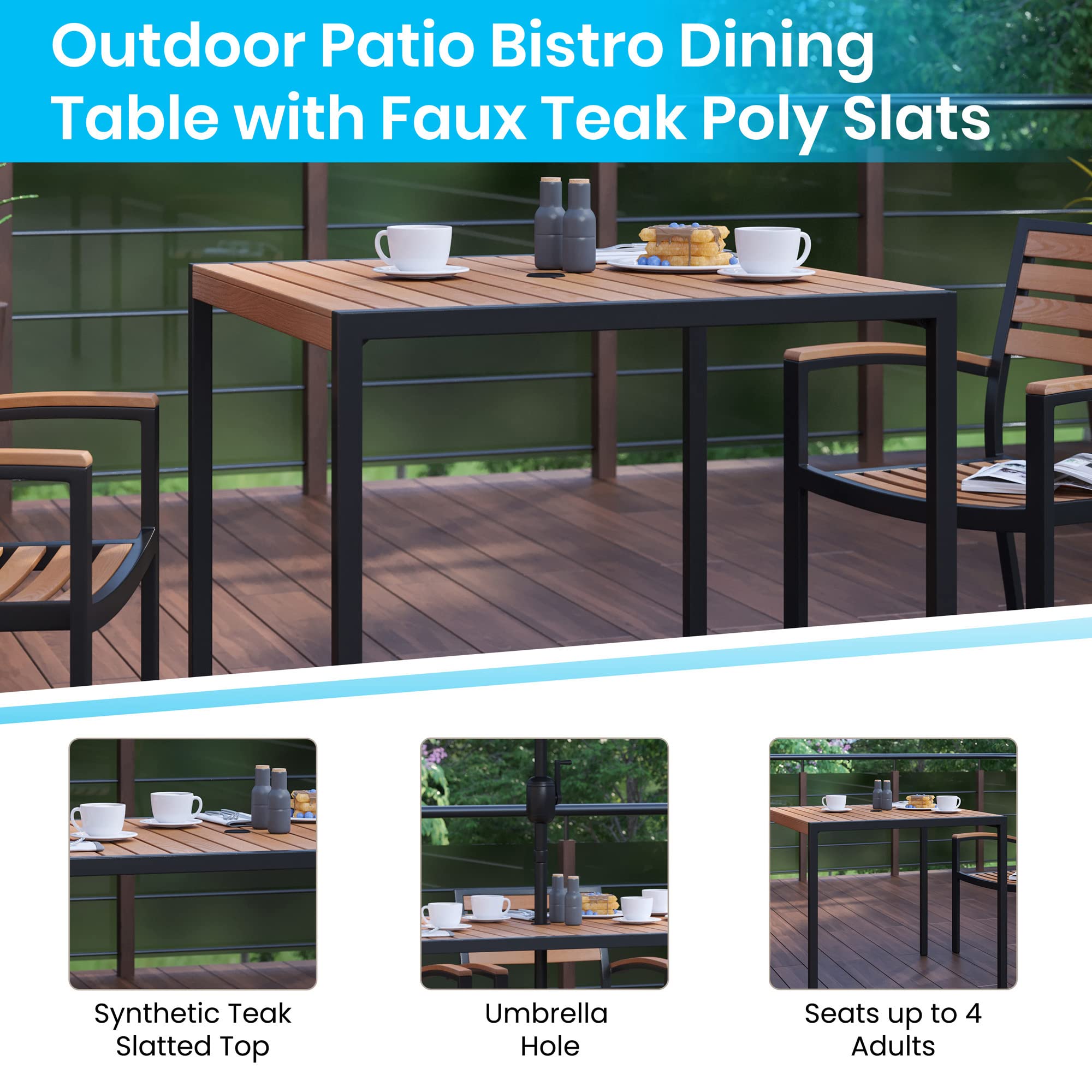 Flash Furniture 5 Piece Outdoor Patio Dining Table Set - 2 Synthetic Teak Stackable Chairs with Arms - 35" Square Table - Tan Umbrella with Base