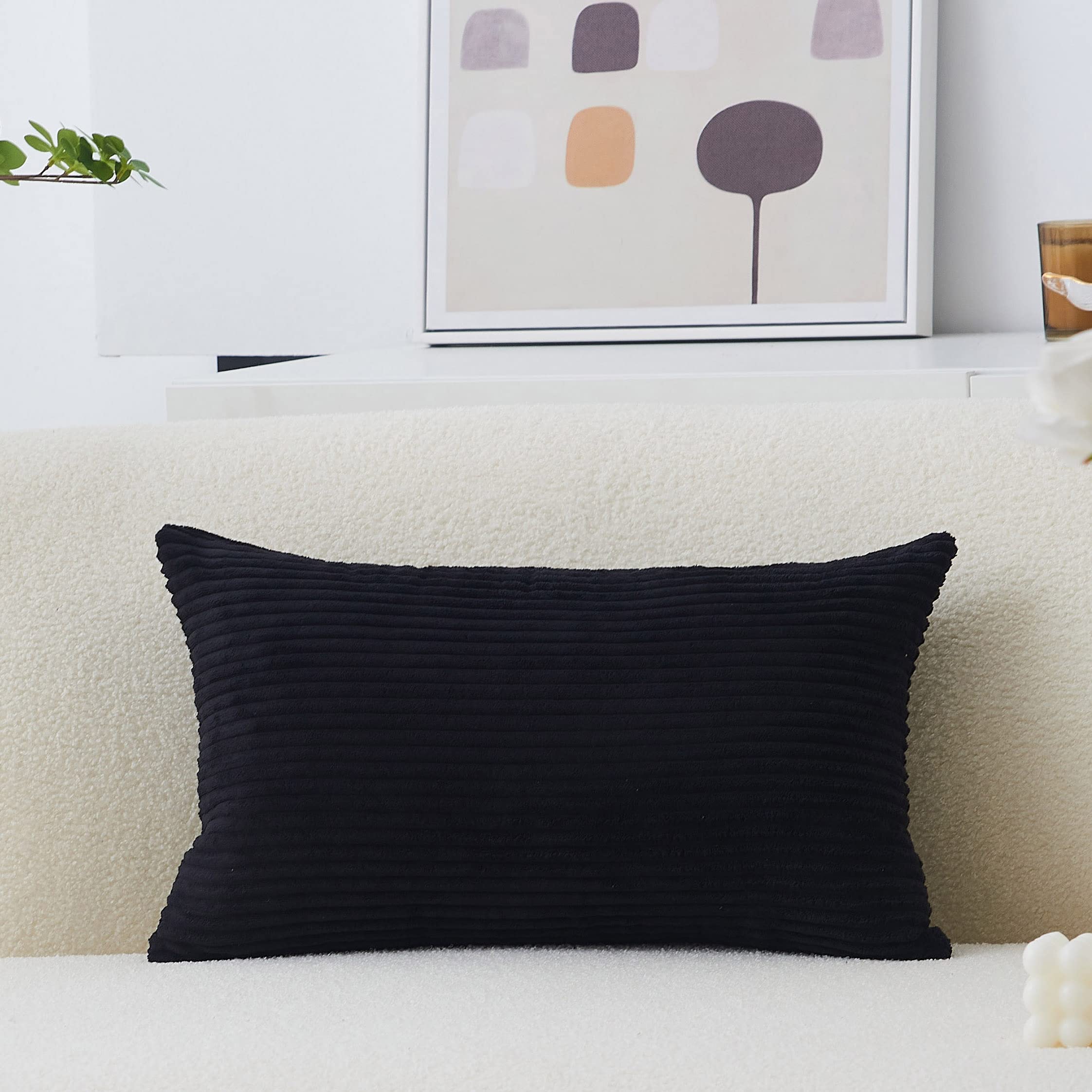 Home Brilliant Decor Holiday Decoration Striped Corduroy Solid Cushion Cover Throw Oblong Pillowcase For Lumbar, 12 X 20, Black