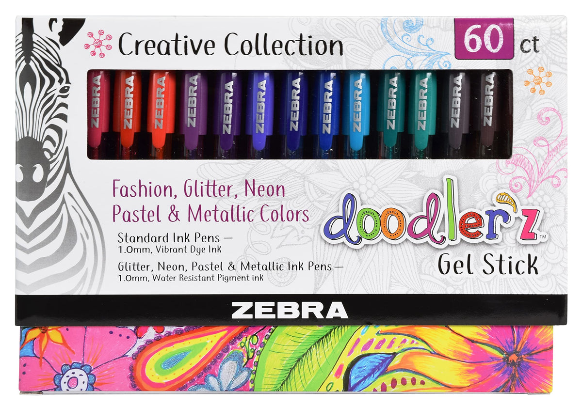 Zebra Pen Doodler'Z Gel Stick Pen 1.0Mm Assorted 60Pk (41960)