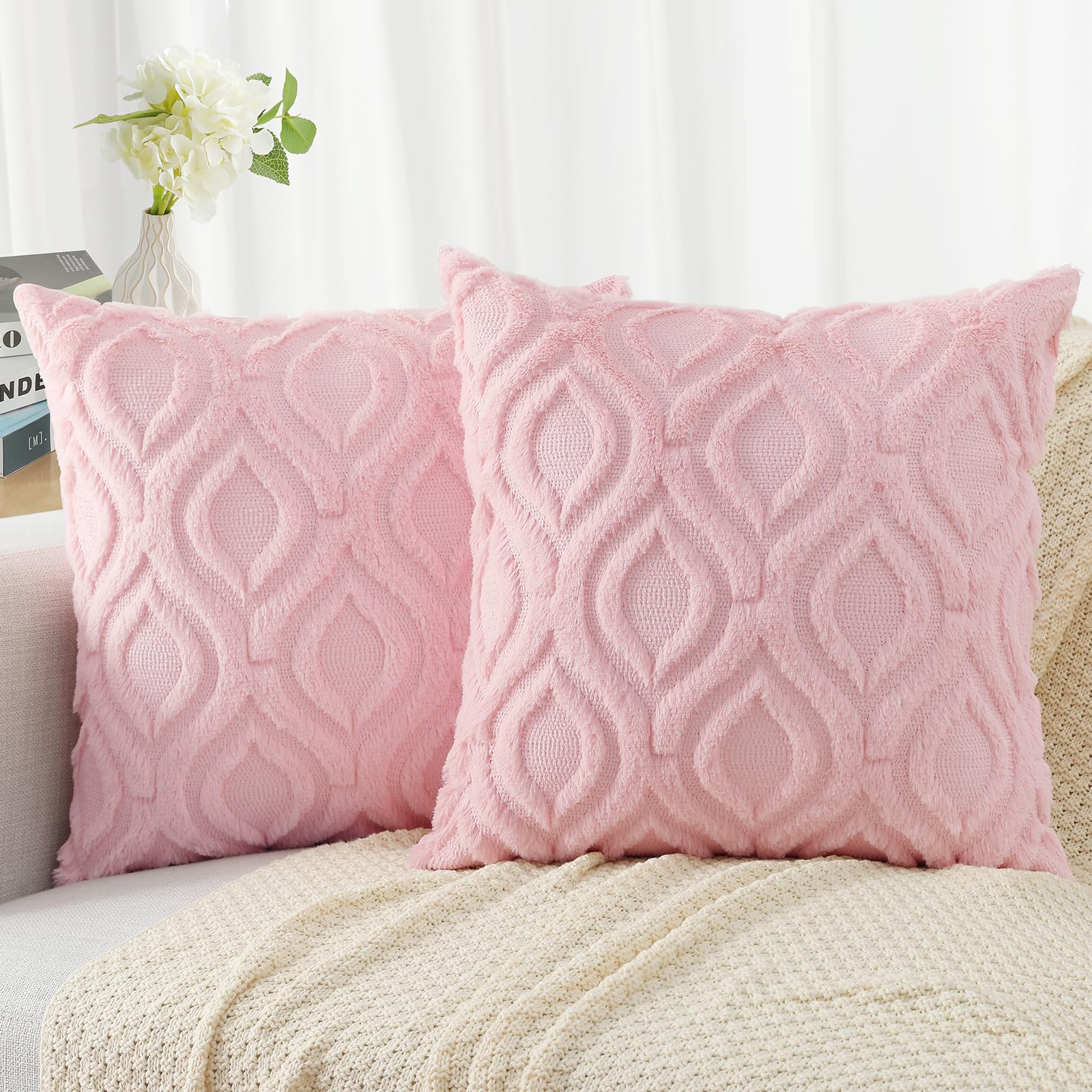 Decoruhome Decorative Throw Pillow Covers 18X18 Set Of 2, Soft Plush Faux Wool Couch Pillow Covers For Home, Light Pink