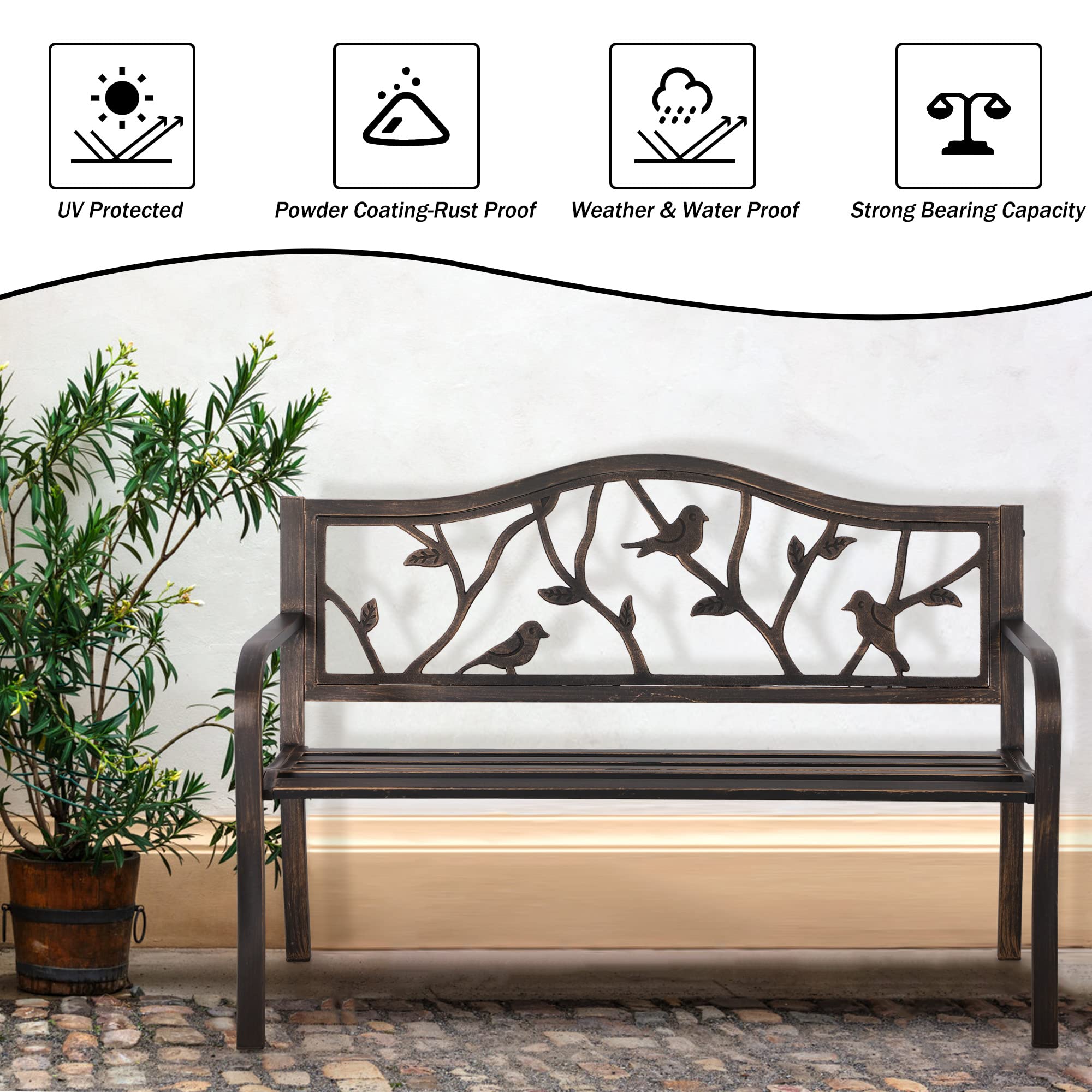 Phi Villa Outdoor Garden Park Bench Patio 50' Metal Bench, Steel Frame Bench With Backrest And Armrests For Porch, Lawn, Balcony, Backyard And Indoor, Bronze