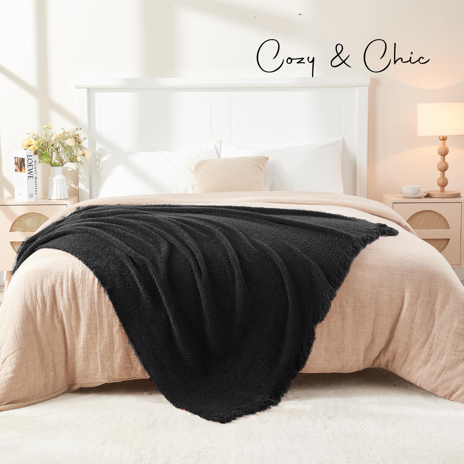 Easeon Black Throw Blanket For Couch-Soft Fall Boho Bed Throw Blanket,Knitted Fluffy Throw Blanket,Cozy Fuzzy Couch Blanket,Blan