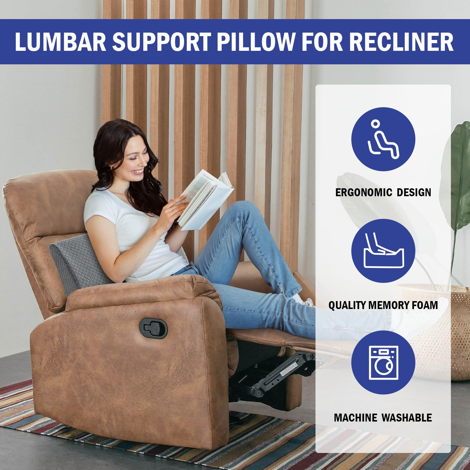 HOMBYS Lumbar Support Pillow for Recliner Chair, Memory Foam Back Support Cushion, Grey, 20"x13.5"x5"