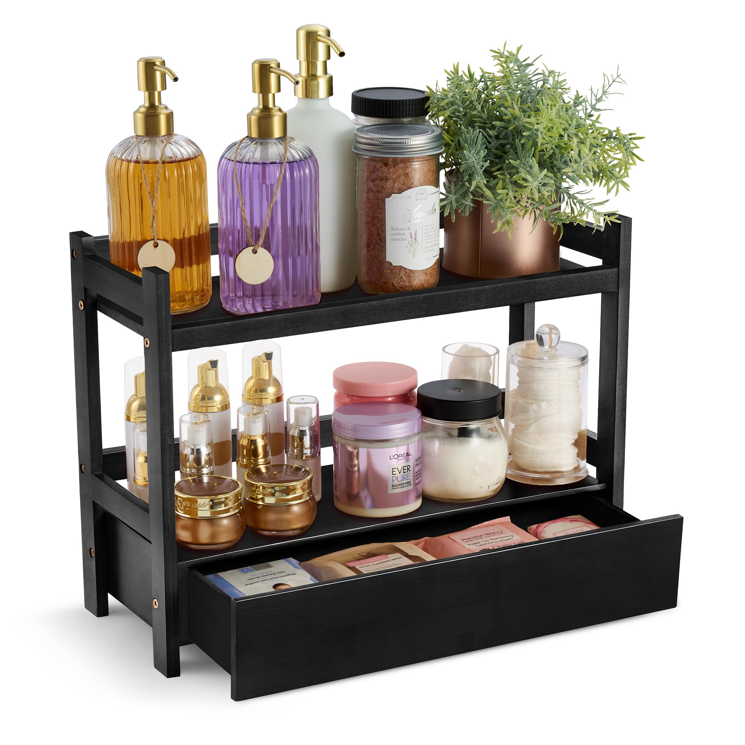 Sorbus Bamboo Bathroom Counter Organizer - 2-Tier Shelf with Hidden Drawer for Vanity, Matcha Station, Bathroom Sink Organizer C