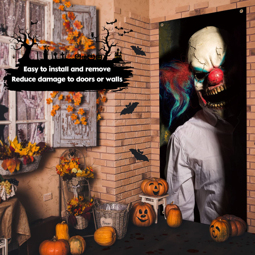 Evil Clown Ghost Door Cover Halloween Door Decorations 79 X 35 Inches Scary Clown Ghost Window Decals Creepy Photo Posters Banne