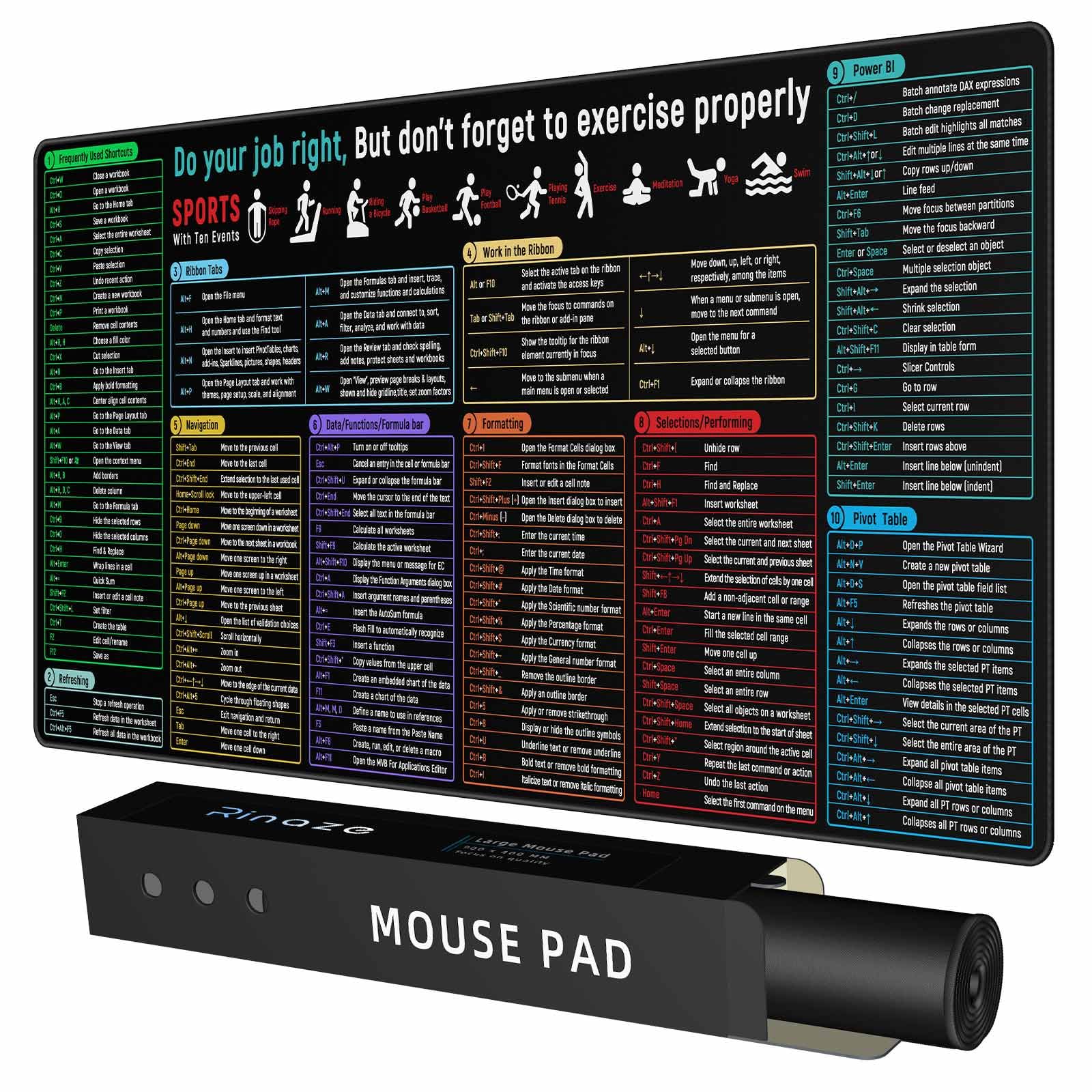 Rinaze Large Mouse Pad With Excel Shortcuts Cheat Sheet Desk Pad, Excel Tips Desk Mat, Xxl Gaming Mousepad Keyboard Pad, Office
