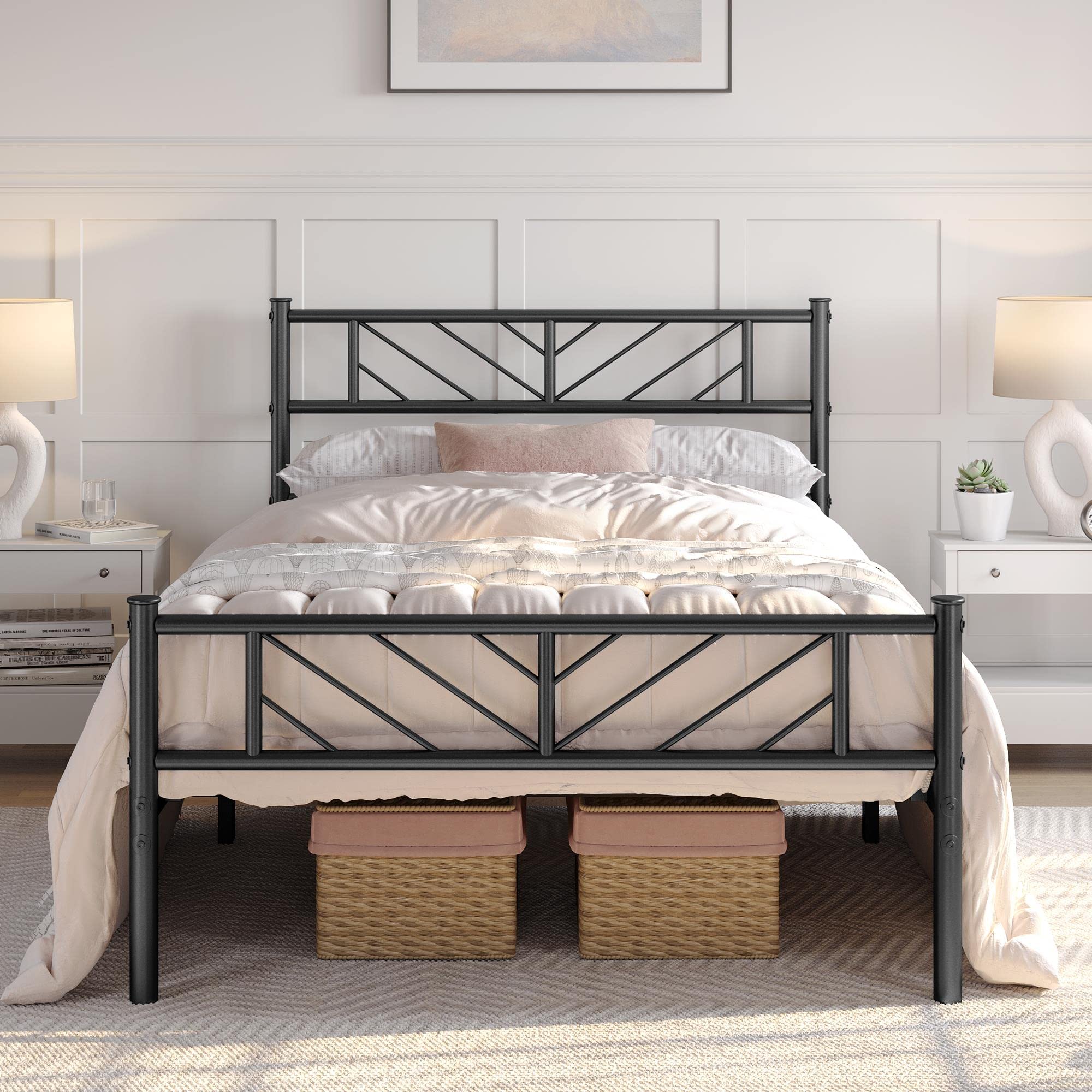Yaheetech Twin Size Platform Bed Frame with Arrow Design Headboard, 13 Inches Metal Mattress Foundation for Storage, No Box Spri