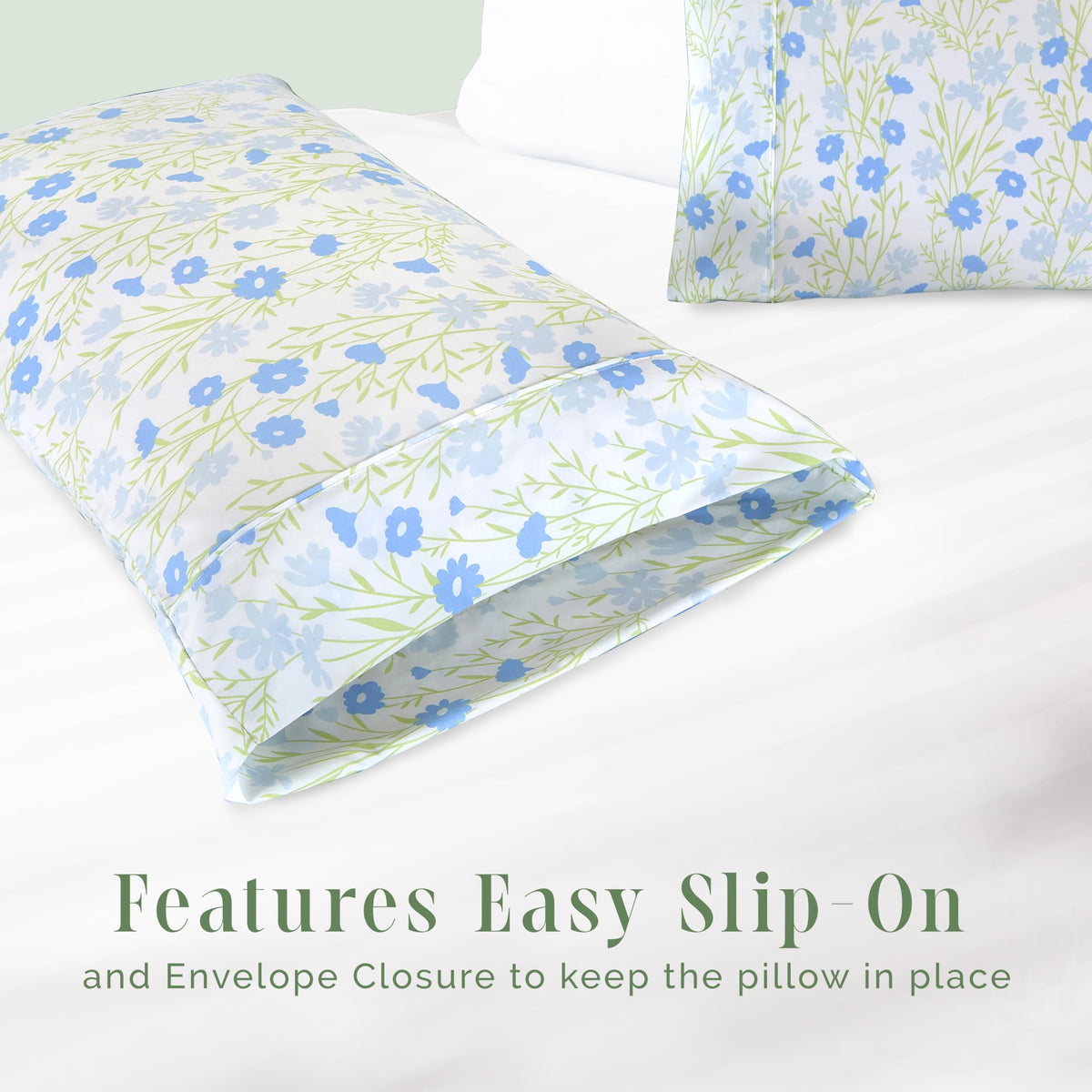 Elegant Comfort Ultra Soft Set Of 2 Floral Print Pillowcases - 1500 Premium Hotel Quality Microfiber, Soft And Smooth Envelope Closure 2-Piece Pillow Covers - King, Blue Laurel