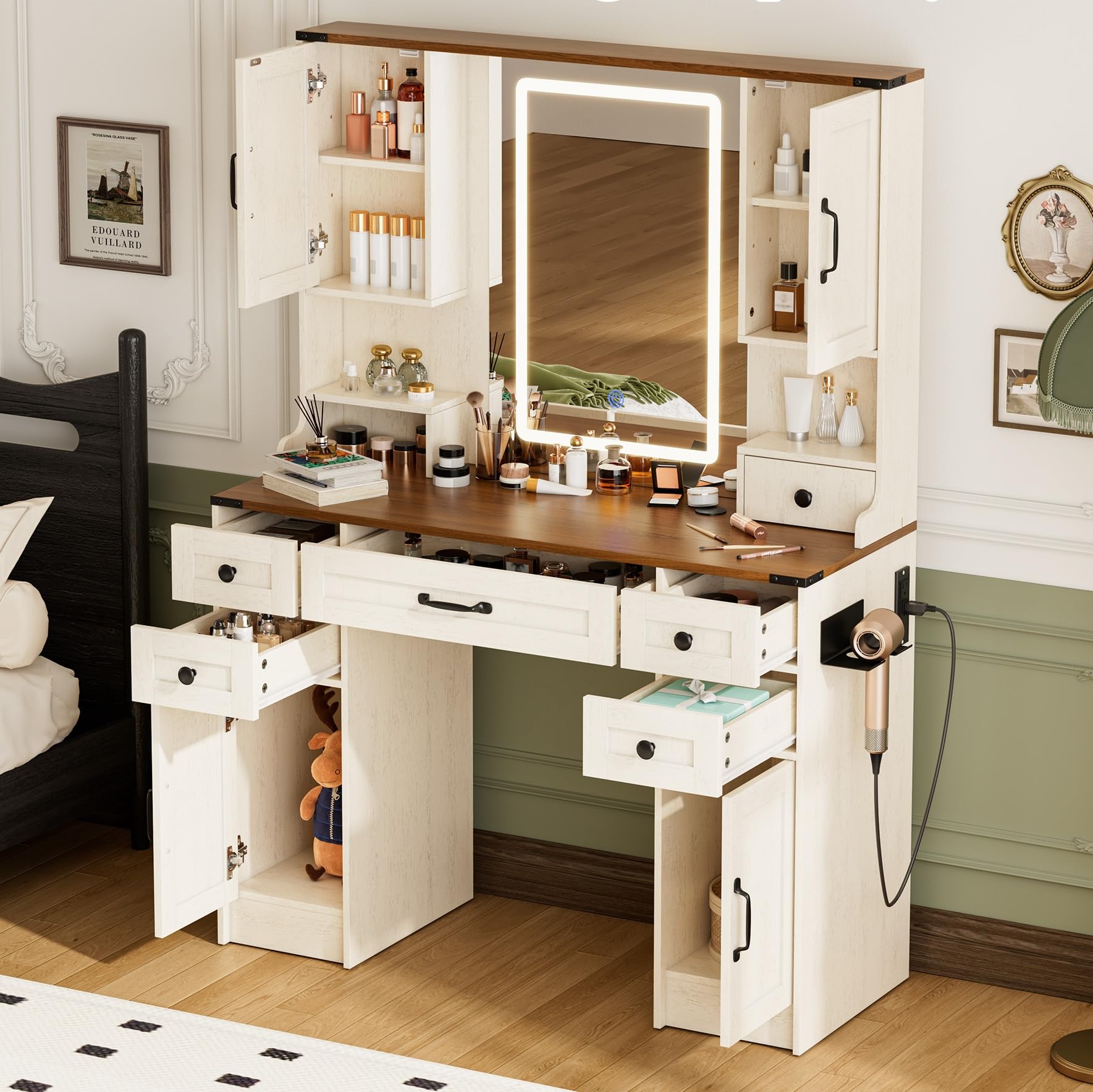 NUNU LAB 42 Inchs Large Vanity Desk with Mirror and Lights with 6 Drawers and 4 Cabinets, Big Women Makeup Table with Power Outl