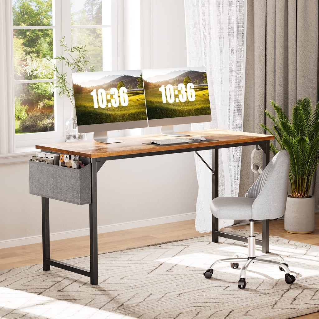 Sweetcrispy Computer Desk 40-Inch Rustic Brown Metal Office Table with Headphone Hooks & Storage Bag, Model GDFZ01-90