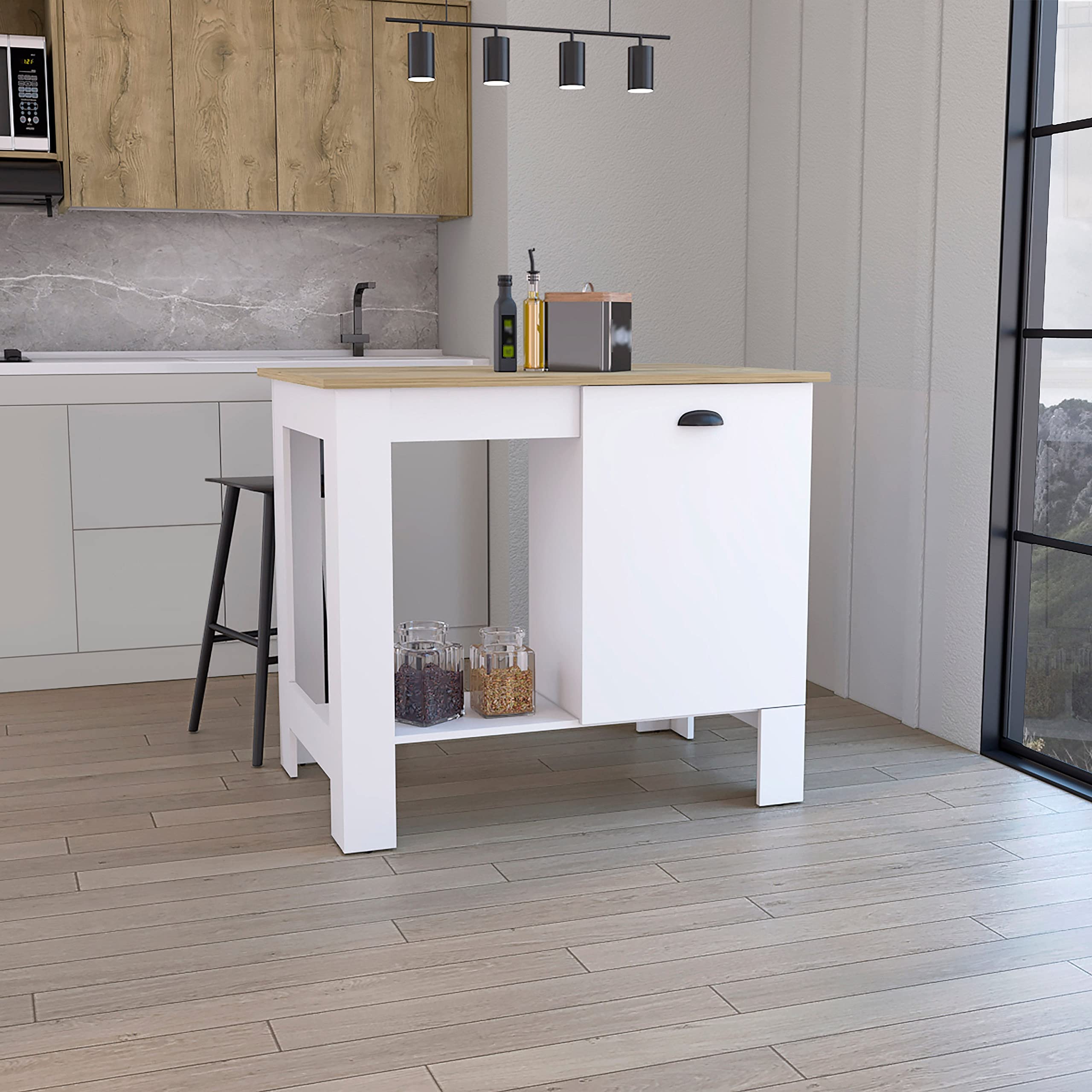 DEPOT E-SHOP Kitchen Island 35" H, 1 Storage Cabinet with Door, 2 Internal Shelves, 1 Open Storage Shelf, White/Macadamia