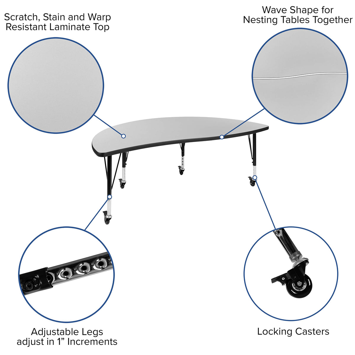 Flash Furniture Emmy Mobile 60" Circle Wave Flexible Laminate Activity Table Set with 12" Student Stack Chairs, Grey/Black