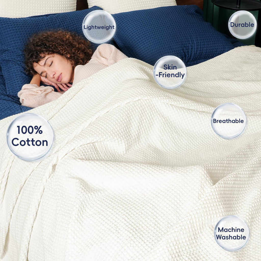 Phf 100% Cotton Waffle Weave Blanket Twin Size 66'X90' - Lightweight Cozy Washed Soft Breathable Throw Blanket - Great Blanket Layer For Couch Bed Sofa - Elegant Aesthetic Home Decoration - Cream