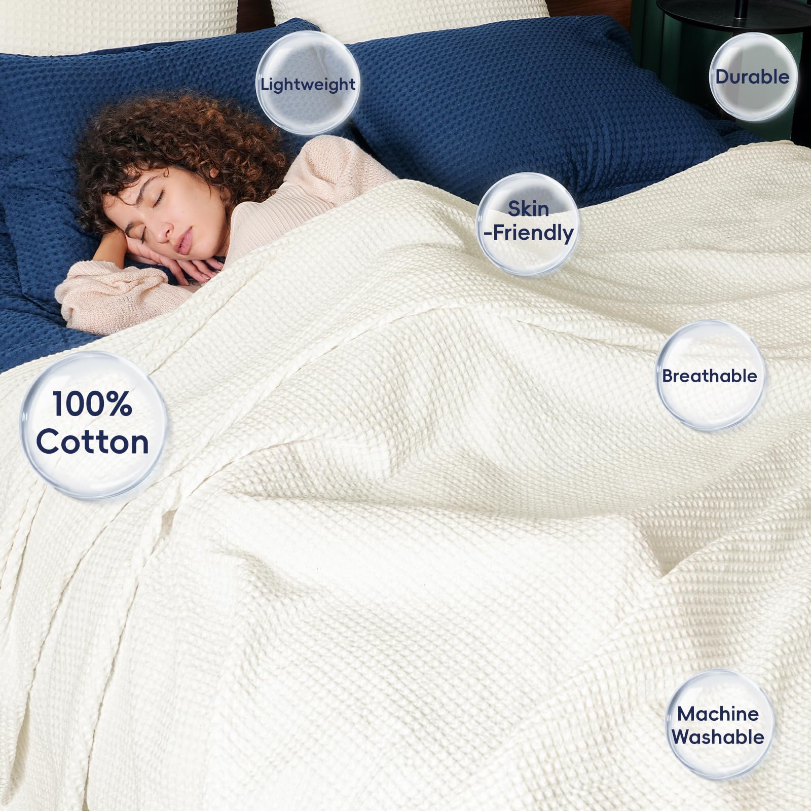 Phf 100% Cotton Waffle Weave Blanket Twin Size 66'X90' - Lightweight Cozy Washed Soft Breathable Throw Blanket - Great Blanket Layer For Couch Bed Sofa - Elegant Aesthetic Home Decoration - Cream
