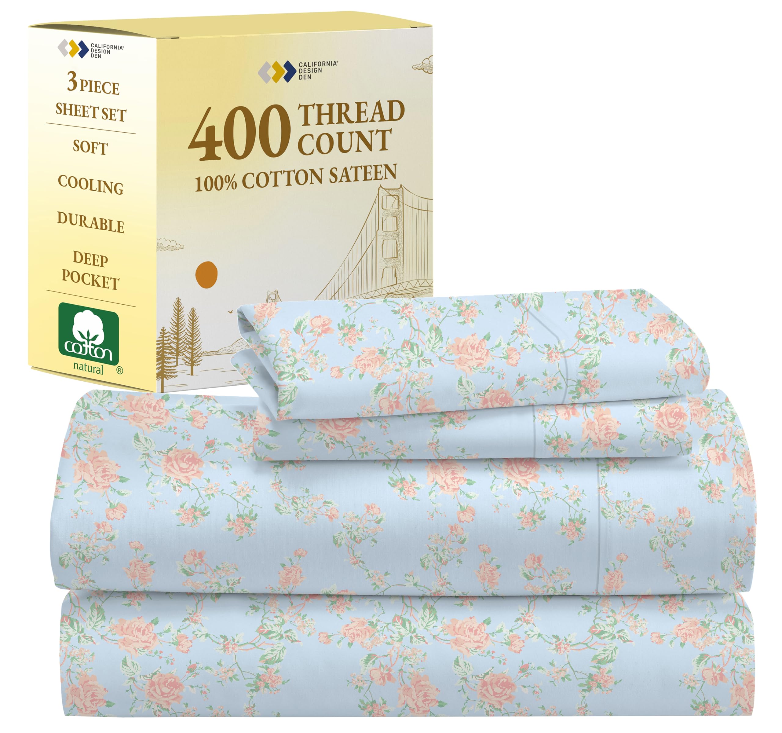 California Design Den Floral Sheets For Twin-Xl Size Bed - 100% Cotton Sheets Set, Luxury 400 Thread Count Sateen (Antique Rose)