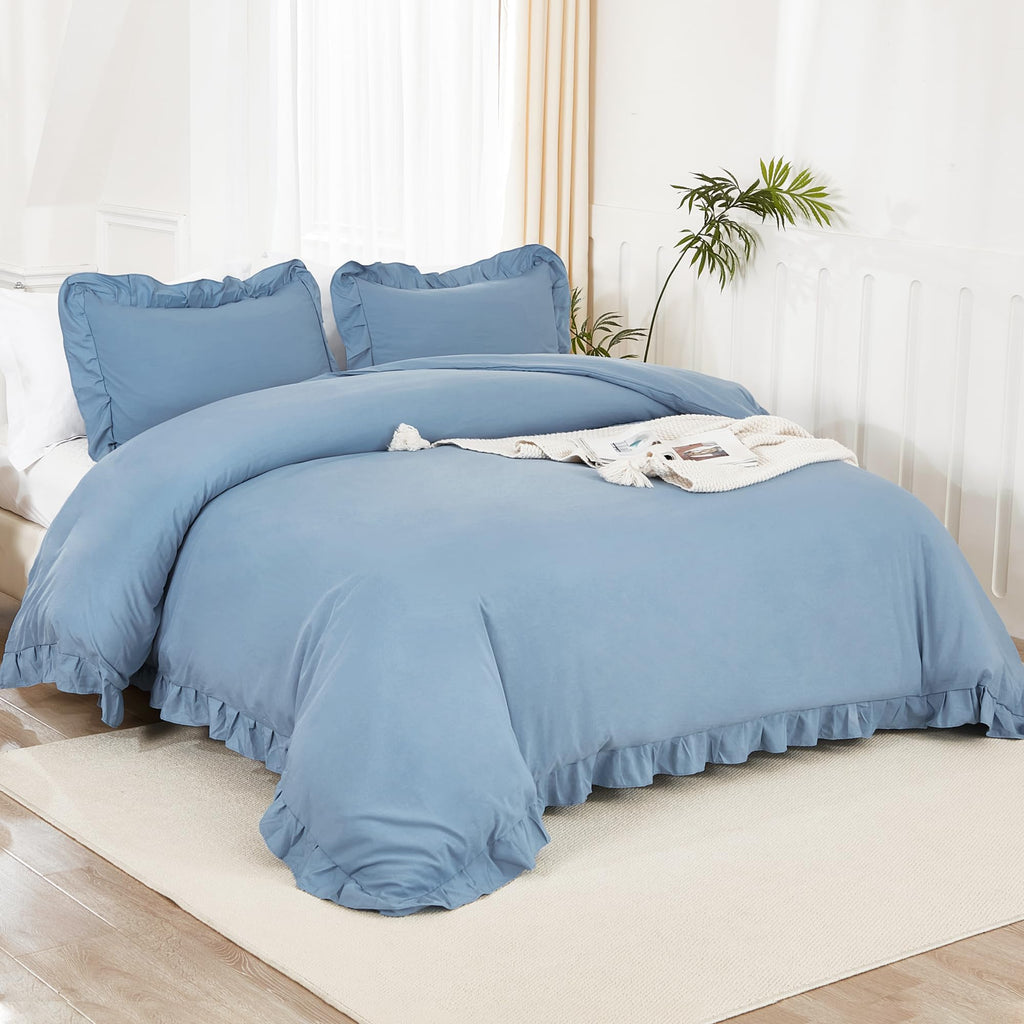 Litanika Grayish Blue Full Size Comforter Sets, 3 Pieces Ruffle Farmhouse Aesthetic Bedding Comforter Sets, All Season Soft Ligh