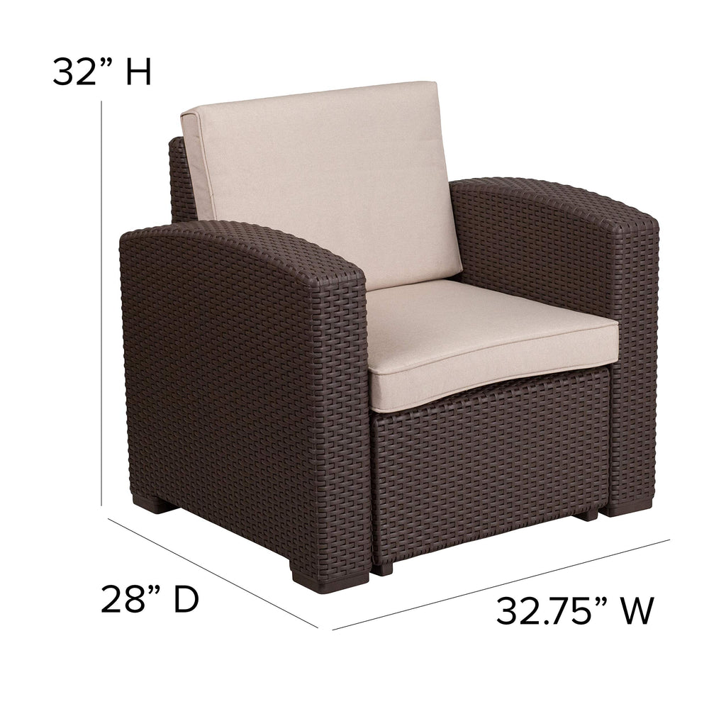 Flash Furniture Seneca Chocolate Brown Faux Rattan Chair with All-Weather Beige Cushion
