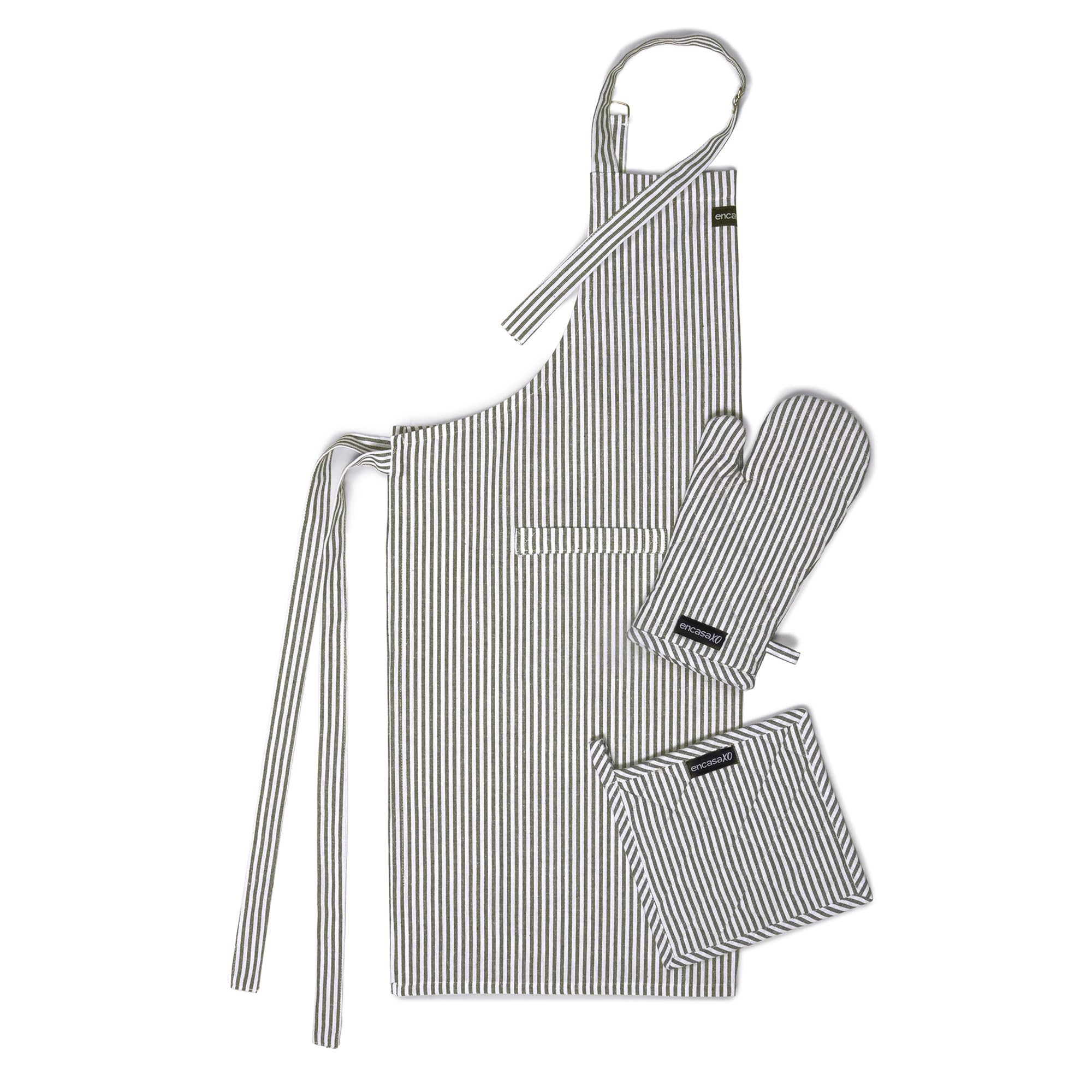 Encasa Xo Kitchen Apron With Oven Gloves & Potholder  Combo Set 100% Cotton  Heat Resistant | Ticking Black (3 Pcs Set)