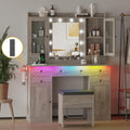 Makeup Vanity Desk with Mirror and Lights, Grey Vanity Table Set with Storage Drawers, Charging Station, Cabinets & Chair, Large
