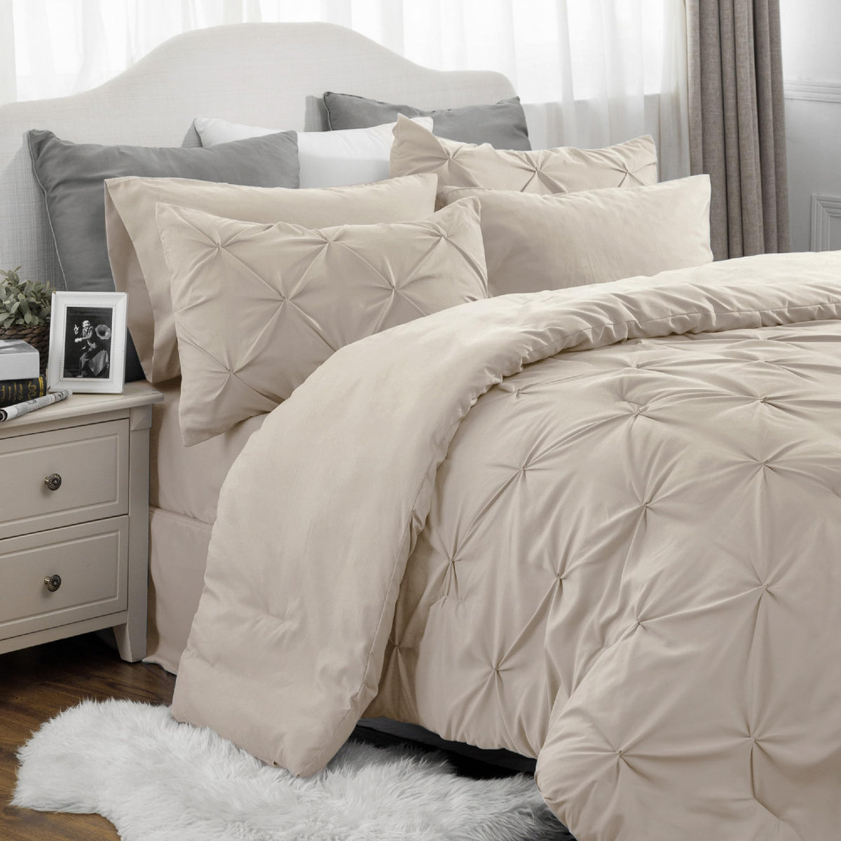 Bedsure Beige Comforter Set Queen - Bed In A Bag Queen 7 Pieces, Pintuck Bedding Sets Beige Bed Set With Comforter, Sheets, Pill