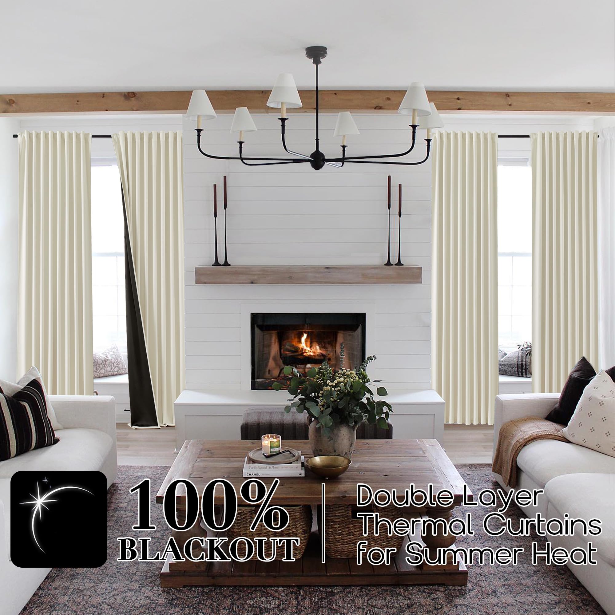 Shineland Blackout Curtains 108 Inches Long For Living Room 2 Two Panels Set Back Tab Hook Ring Clip Pleat Extra Long Darkening
