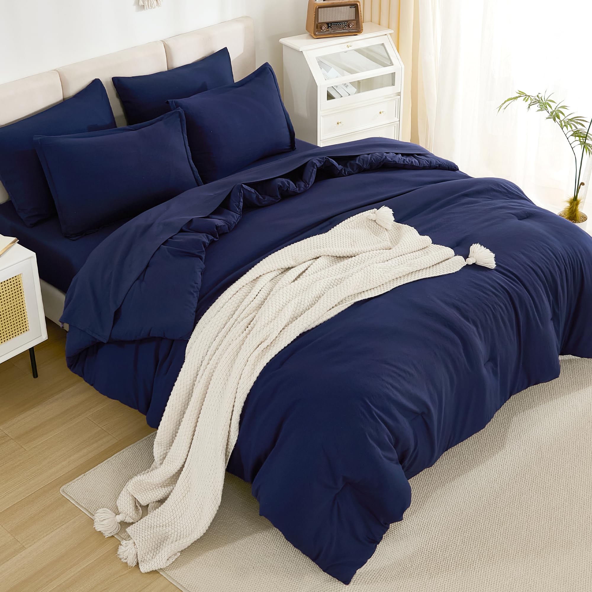 Litanika Full Size Comforter Sets Navy Blue - 7 Pieces Bed In A Bag Full Beddding Comforter Sets, Solid Lightweight Bed Set With