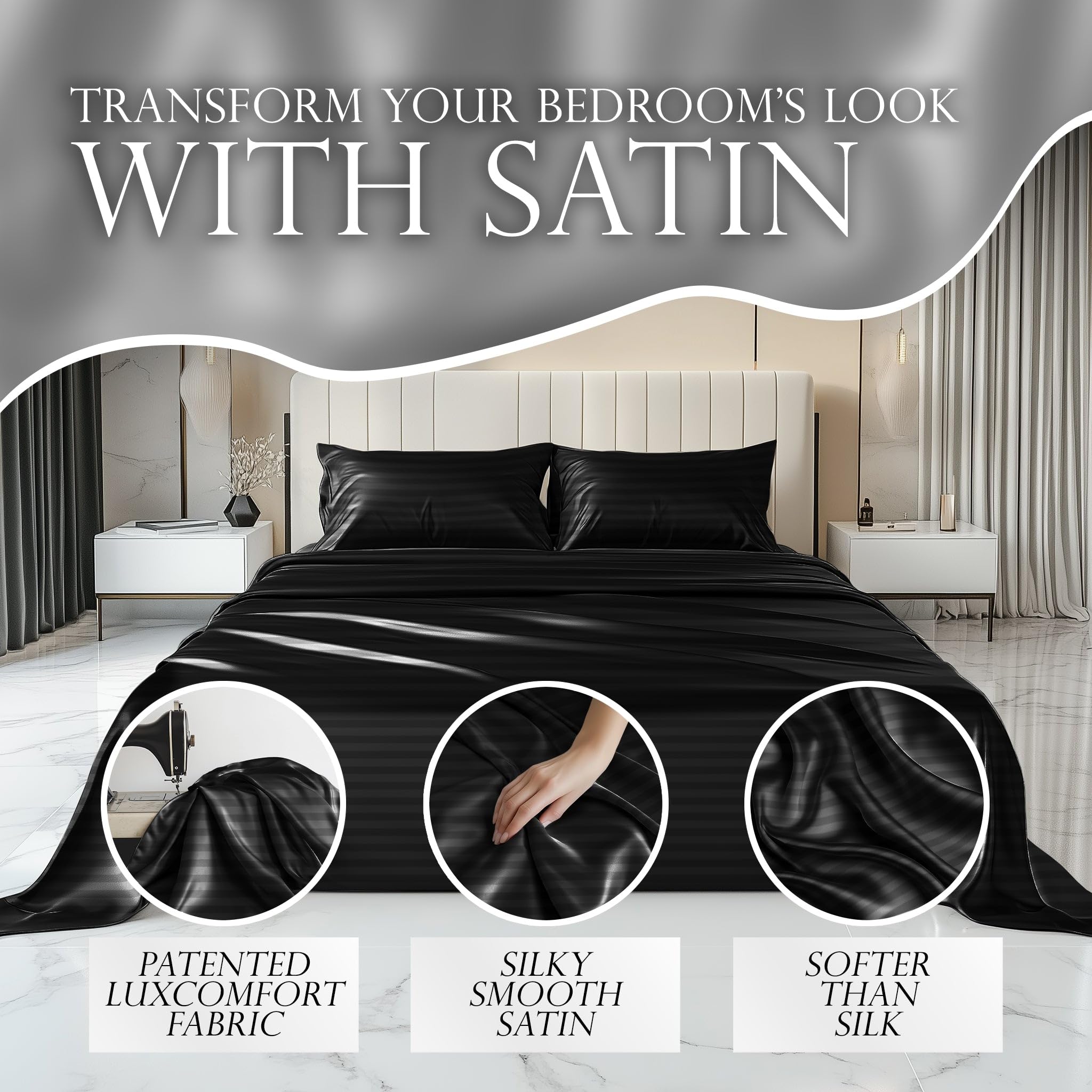 Decolure Striped Satin Sheets Full Set 6Pc - Luxurious Silk Touch Satin Sheets Full - All-Season Silky Soft Full Size Bed Sheets