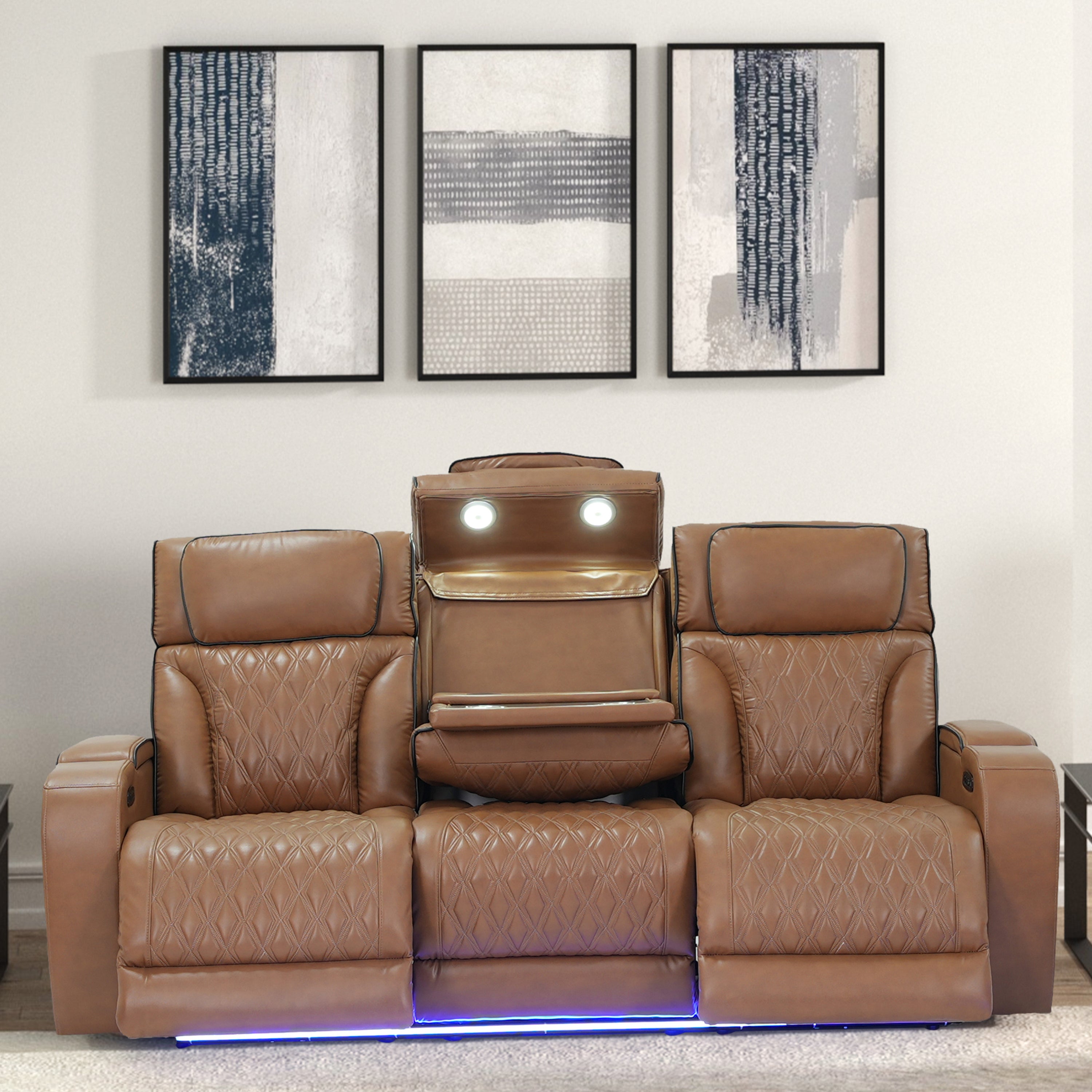 Jazz 86 Light Brown Leather Aire Transformer Power Reclining Sofa with Power Headrest, LED Lights, Wireless Charging Drop-Down T