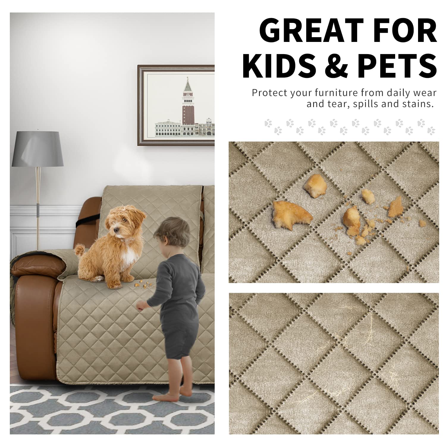 Easy-Going Oversized Recliner Sofa Cover, Reversible Couch Cover For 3 Seat Recliner, Split Sofa Cover For Each Seat With Elastic Straps For Kids, Dogs, Pets (3 Seater, Beige/Beige)