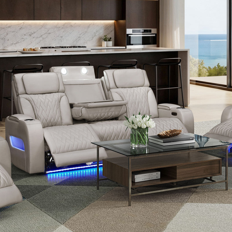 Jazz 84 InchW Ice Leather Aire Transformer Power Reclining Sofa with Power Headrest, LED Lights, Wireless Charging DropDown Table, 