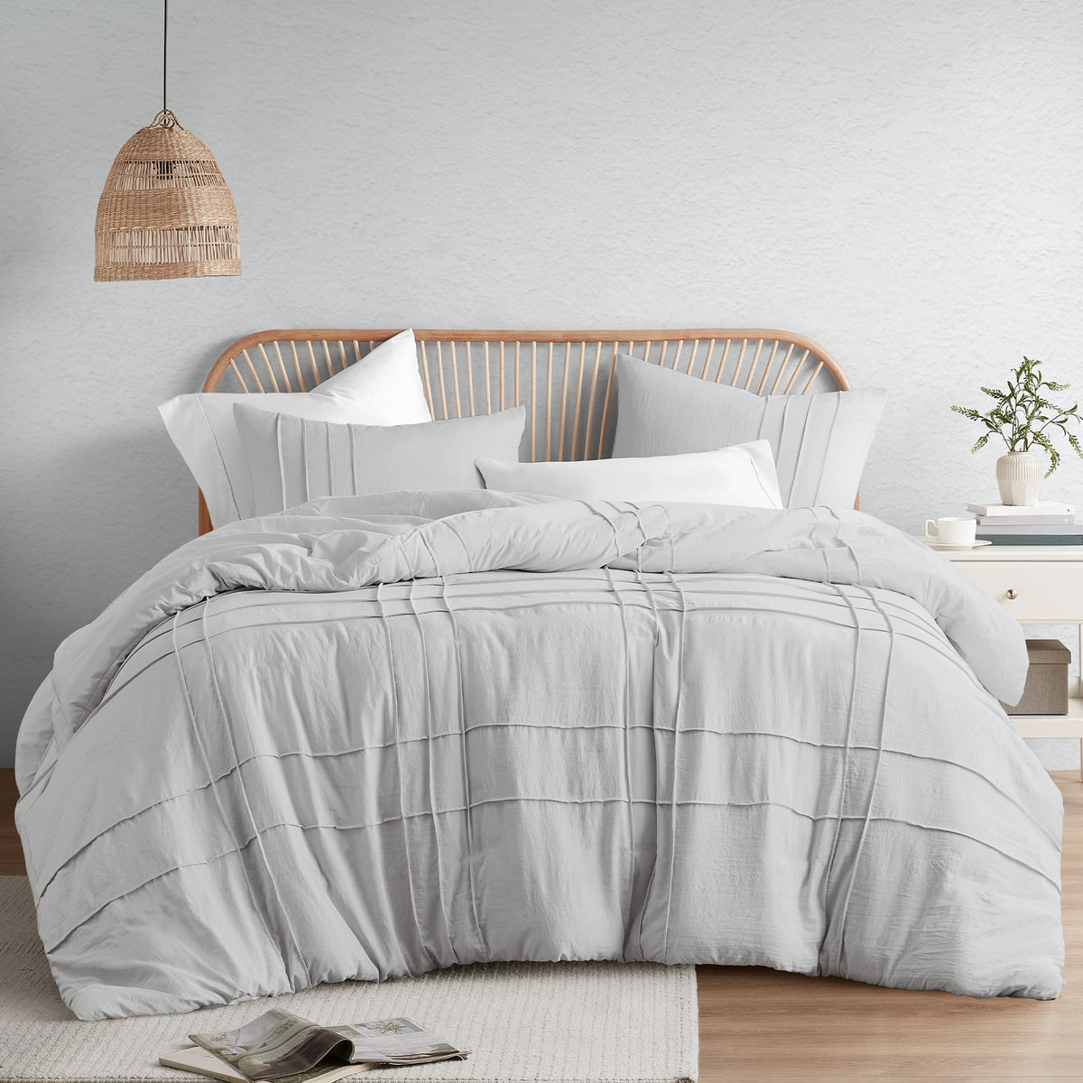 Comfort Spaces Silver Queen Size Duvet Cover Set - 3-Pc Pintuck Pleated Duvet Cover Queen, All Season Lightweight, Extra Softness Pre-Washed Microfiber Queen Bed Cover Shams, Queen