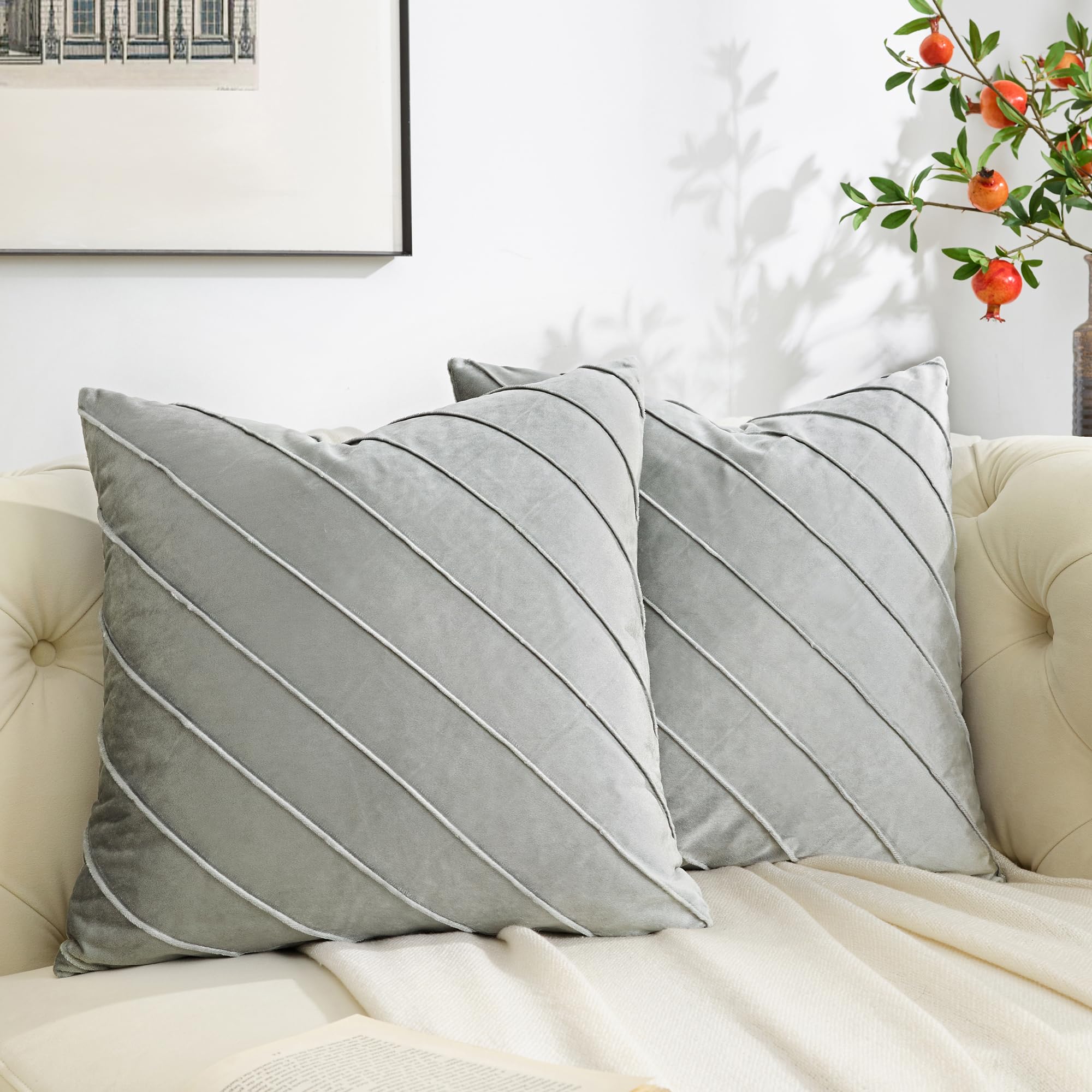 Gigizaza Decorative Velvet Pillow Covers 18X18, Set Of 2 Silver Grey Sofa Couch Throw Pillows Covers Cases, Living Room Square C
