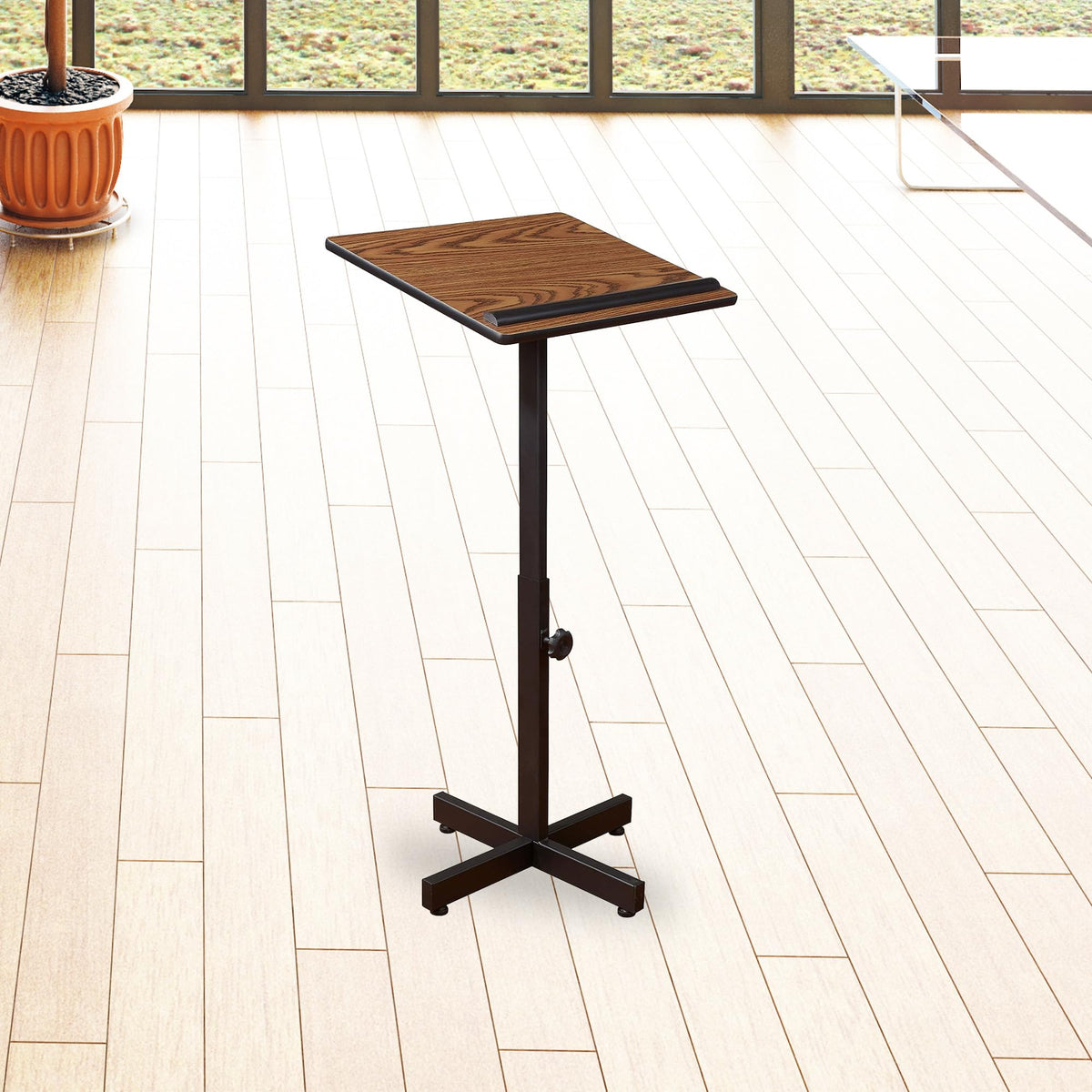 Oklahoma Sound Portable Presentation Series Adjustable Height Lectern Stand 16 Inch x 20 Inch Reading Surface with Book and Paper Stop, Medium Oak