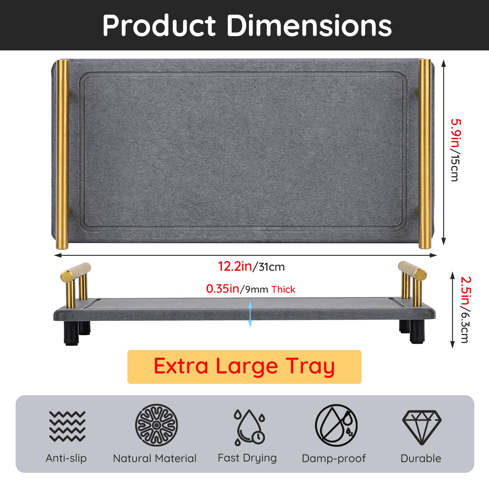 Segbeauty 12X6 Bathroom Counter Tray, Quick Dry Water Absorbing Stone Drying Tray With Handle, Fast Drying Diatomaceous Bathroom