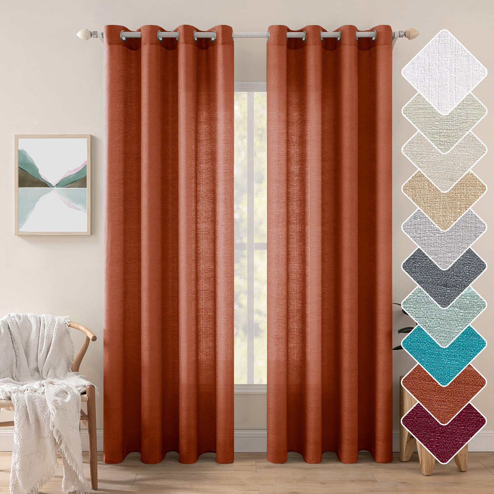Miulee Burnt Orange Faux Linen Textured Semi Sheer Curtains 2 Panels For Living Room Bedroom Light Filtering Privacy Window Curt