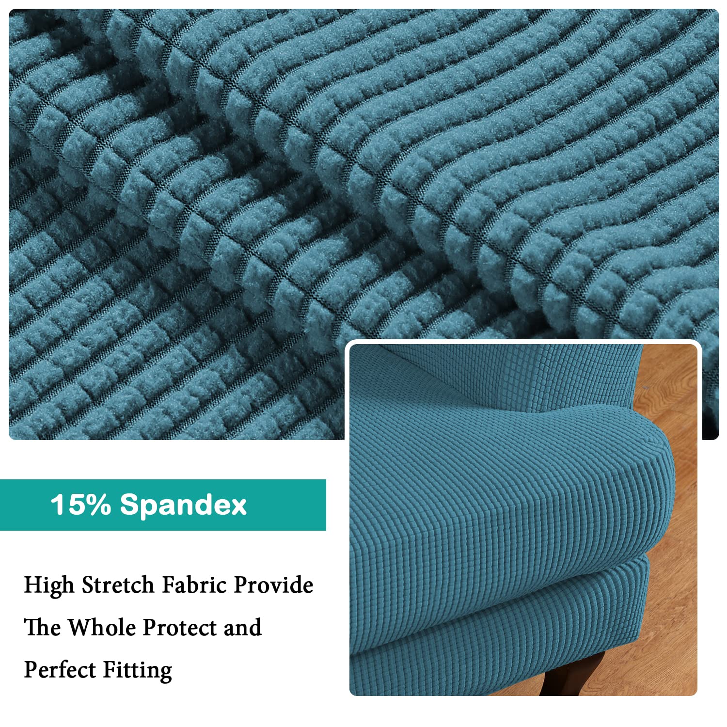 Turquoize Wingback Chair Covers 2 Piece Wing Chair Slipcover Stretch Slipcovers For Wingback Chairs Wing Chair Cover Spandex Jacquard Fabric With Elastic Bottom Non-Slip Furniture Cover, Storm Blue