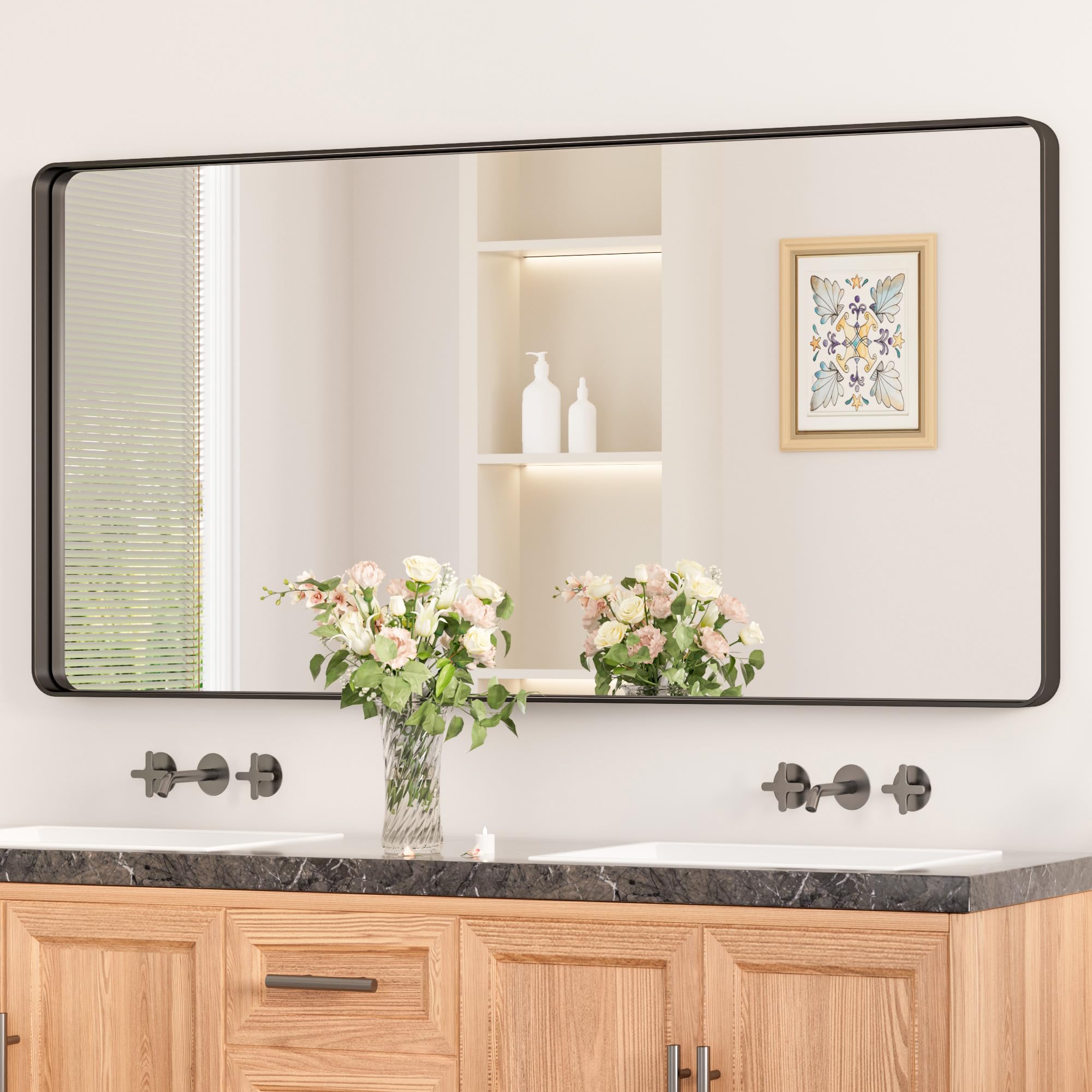 Keonjinn Black Bathroom Mirrors for Over Sink, 48 x 24 Inch Large Rounded Rectangle Bathroom Vanity Mirror, Matte Black Farmhous