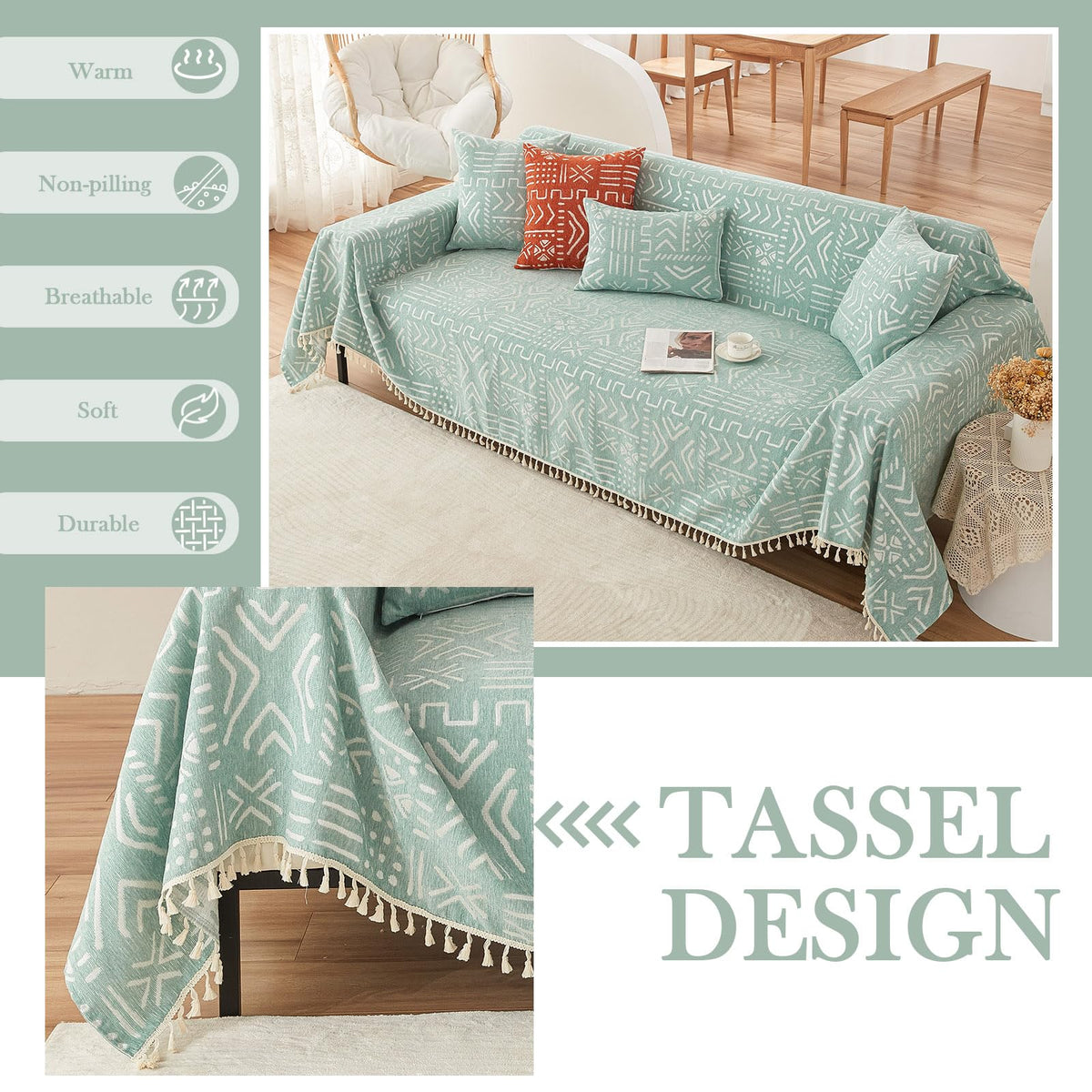 Handontime Farmhouse Couch Cover Tassel Light Green Sofa Covers For Dogs Boho Décor Geometric Aztec Couch Cushion Cover Sofa Protector Cover Sectional Couch Covers For 3 Cushion Couch, 71' X134'
