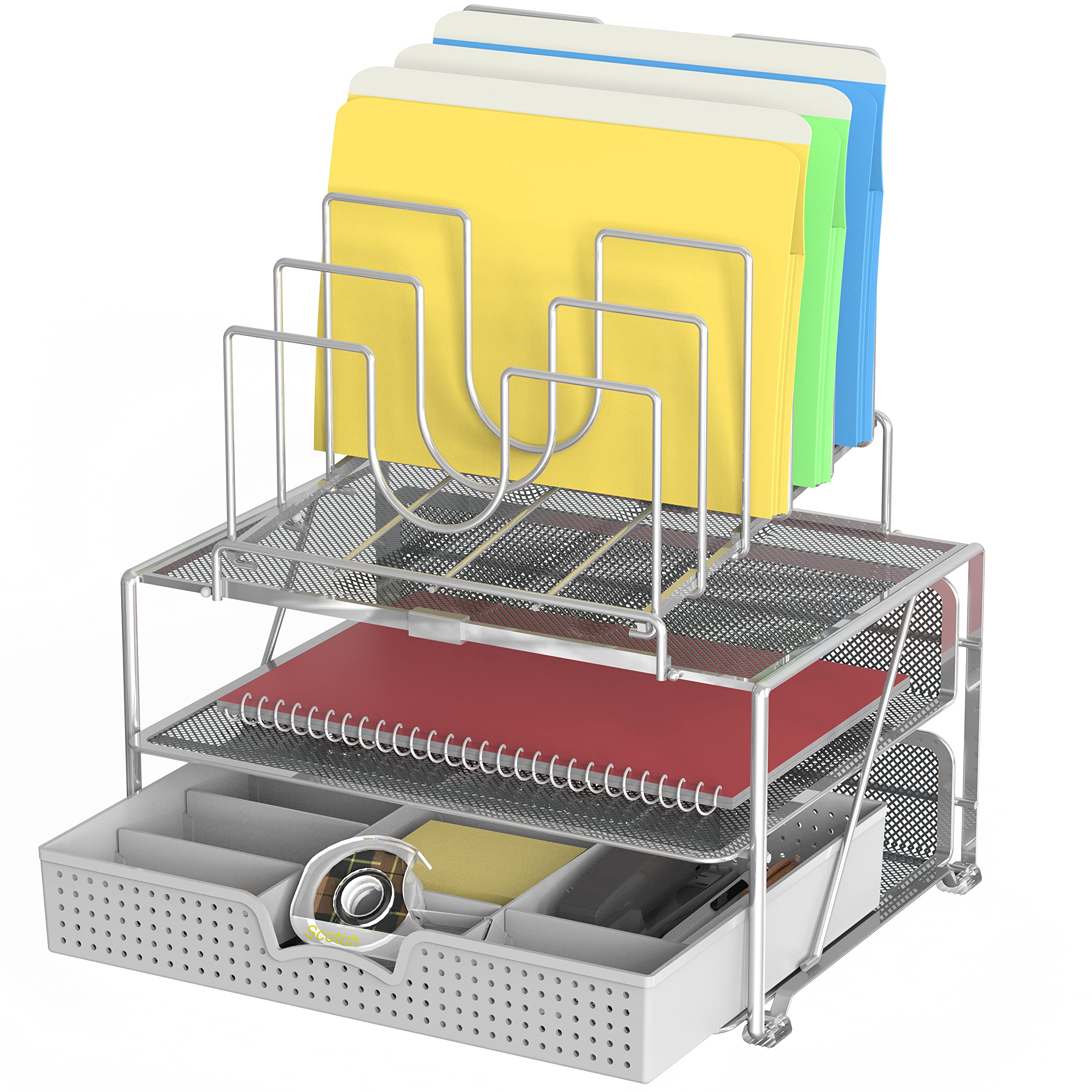Decobrothers Desktop File Organizer With Double Tray And 5 Folder Stand, Silver