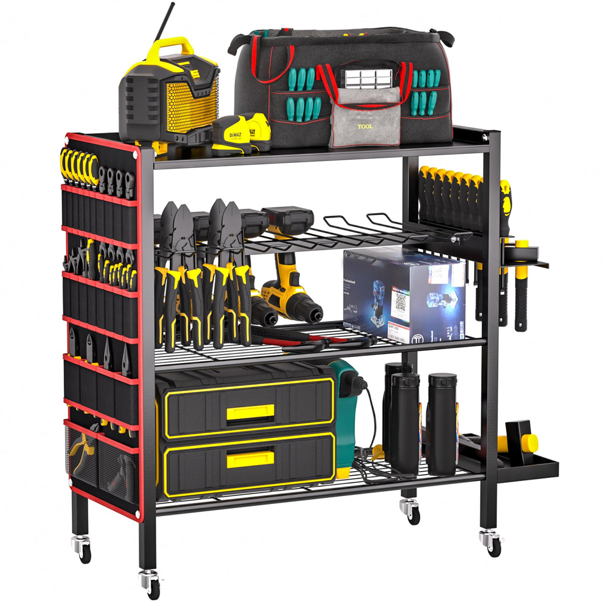 Ultrawall Power Tool Organizer Cart, 4-Tier Rolling Tool Storage Stand with Wheels, Garage Floor Tool Holder with Side Storage P