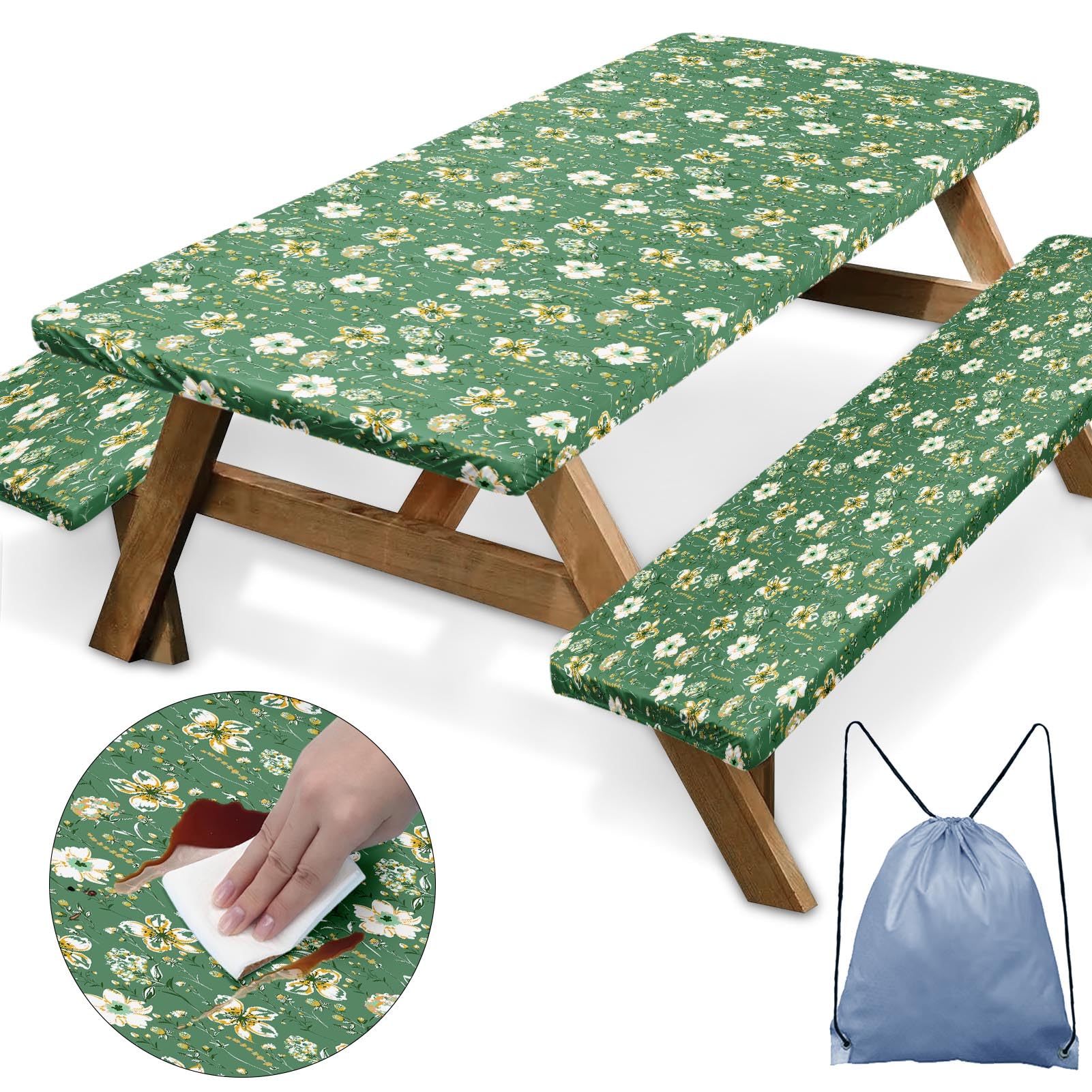 Britown Picnic Table Cover With Bench Covers Elastic Edges, Green Flower Fitted Table Cover, Outdoor Patio Camping Essentials 72