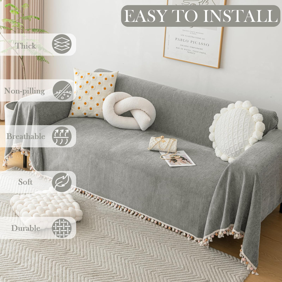 Handontime Couch Slipcovers For Sofas Dark Grey Couch Cover Sofa Cover For Dogs Boho Pet Couch Protector With Tassel Couch Throw Cover Chenille Herringbone Couch Cover Sofa 2 3 Seat Cover, 71' X118'