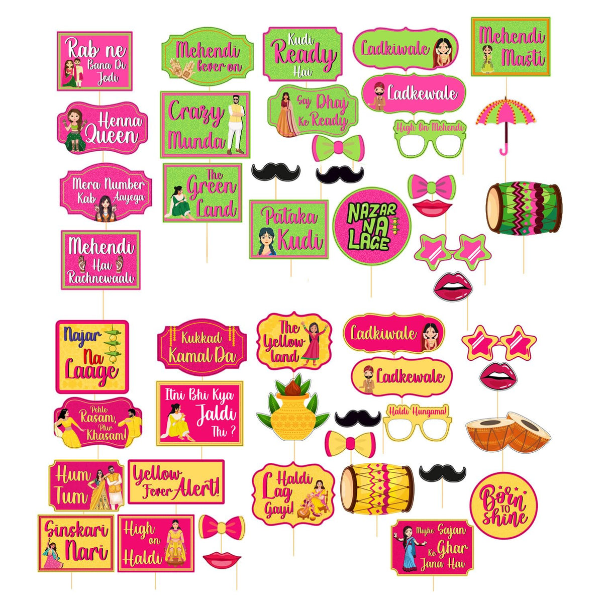Party Propz Haldi Mehndi Decoration Items for Marriage  49 Pcs, Haldi Props and Mehendi Props Combo, Mehandi Haldi Props for Br