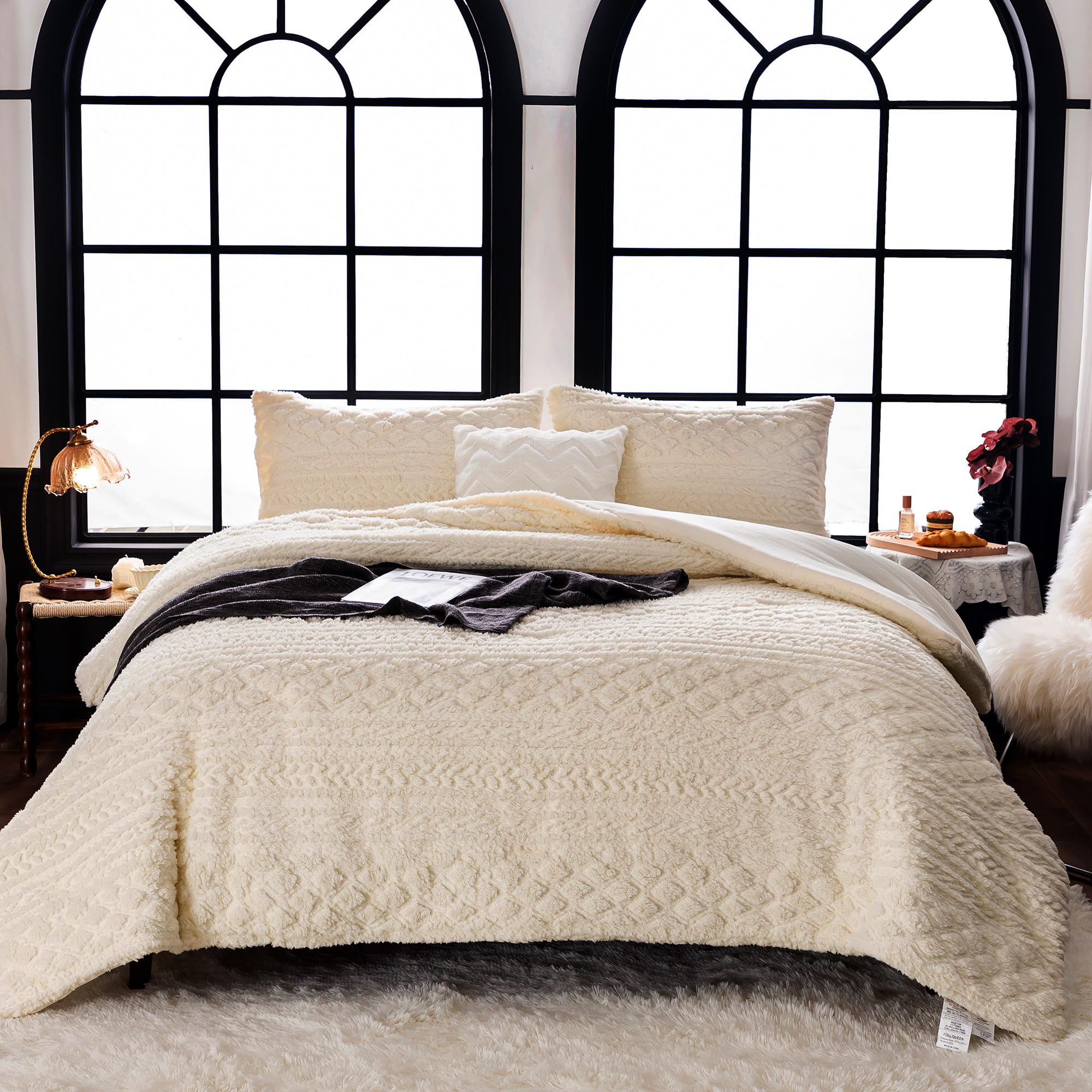 Cottebed Sherpa Fluffy Comforter Sets King Size Bed, Boho Tufted Cal King Bedding Down Comforter, Lightweight Super Soft Reversi