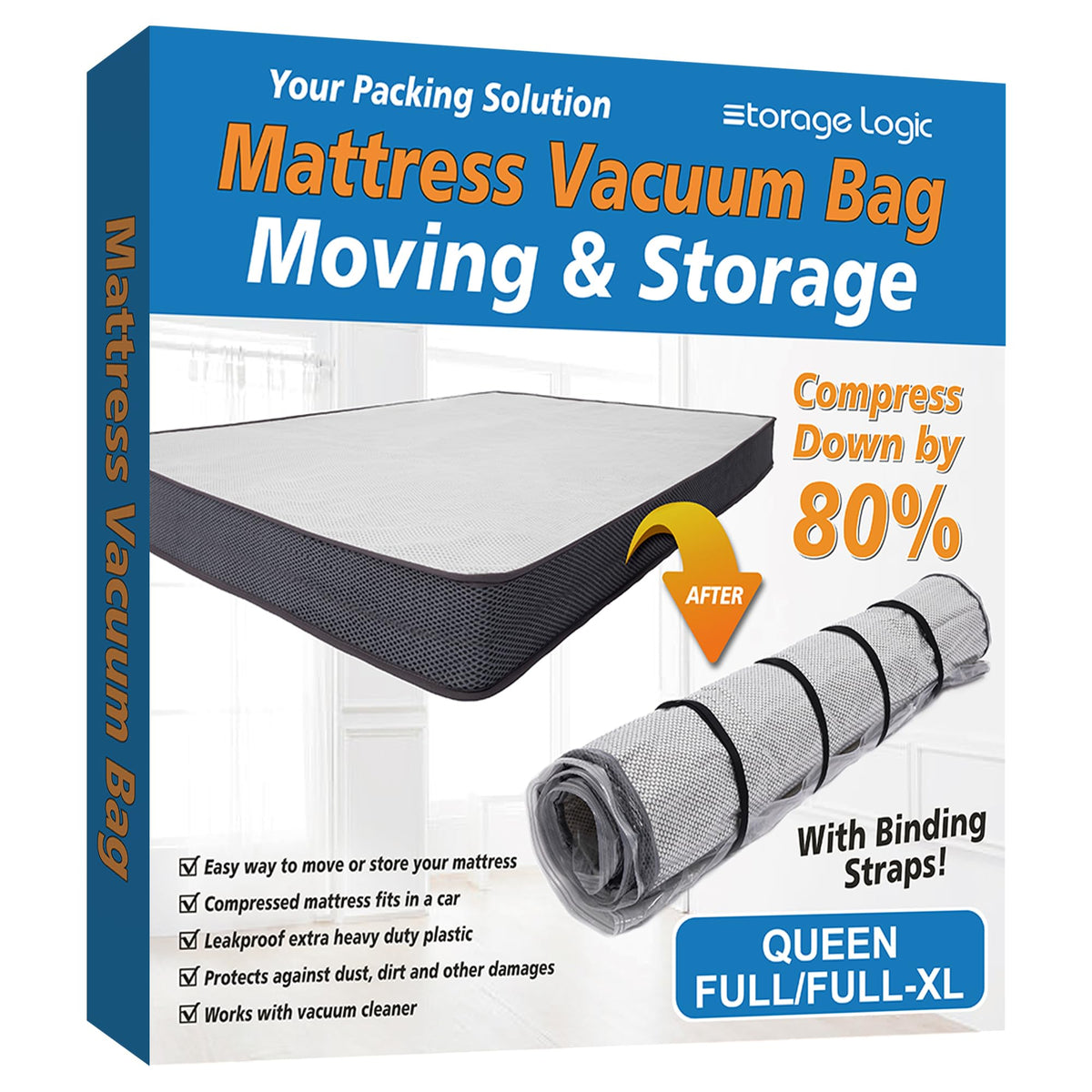 Queen/Full/Full-Xl Foam Mattress Vacuum Bag For Moving, Vacuum Seal Mattress Bag With Straps