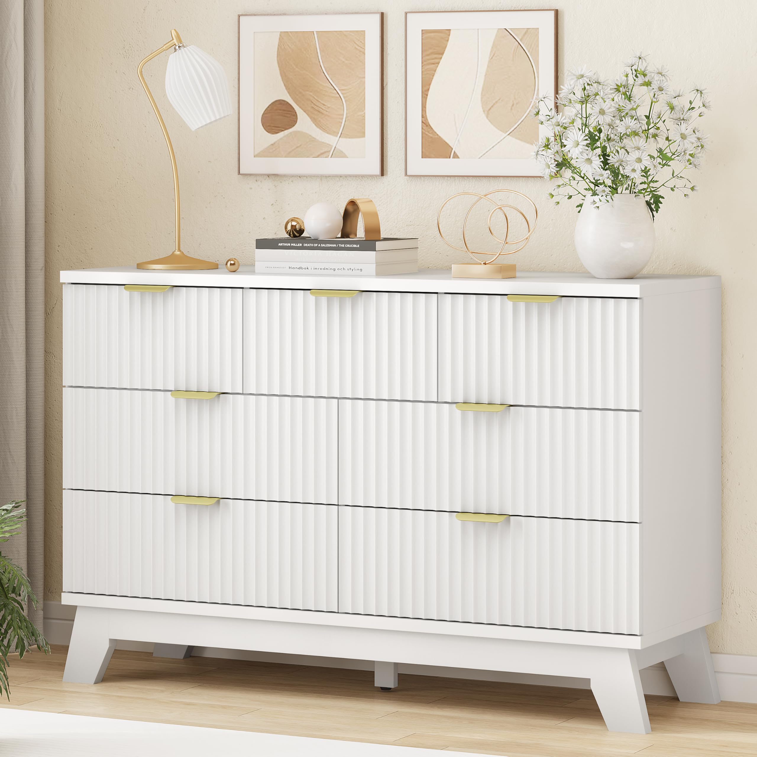Fluted Dresser for Bedroom with 7 Drawers, 48  Wide Modern Chest of Drawers with Metal Handle, Wooden Dresser TV Stand, Wood Clo