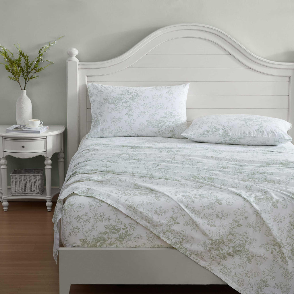 Laura Ashley - Twin Sheets, Cotton Percale Bedding Set, Lightweight & Breathable Home Decor (Toile Delight Green, Twin)